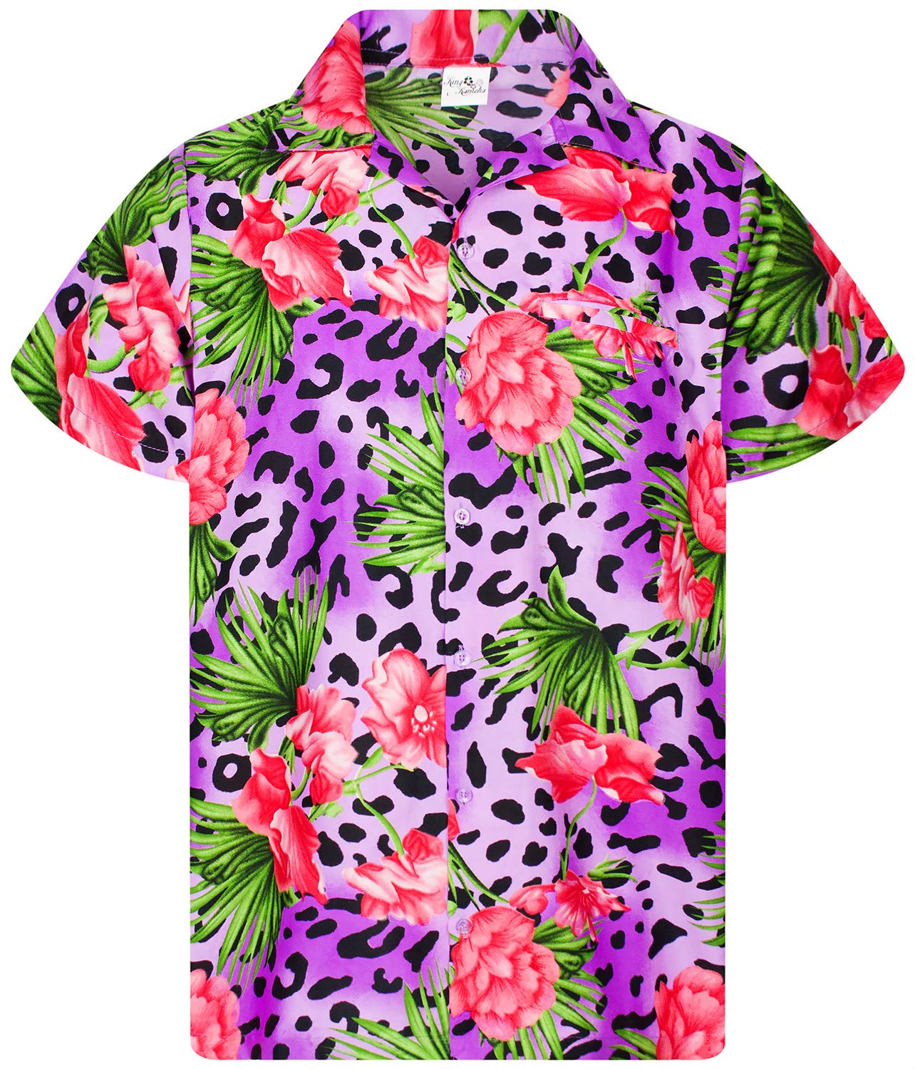 King Kameha Funky Hawaiian Shirt for Men – Tropical Men’s Hawaiian Shirt Short Sleeve, Leopard-Flowers, Purple, S
