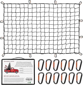 Heavy Duty Cargo Net for Pickup Truck Bed - Stretches from 5 x 7 to 15 x 21 - 12 Metal Carabiners - Compatible with Ford, Dodge RAM, Chevy, Toyota - Ideal for Black, 5X7 Feet