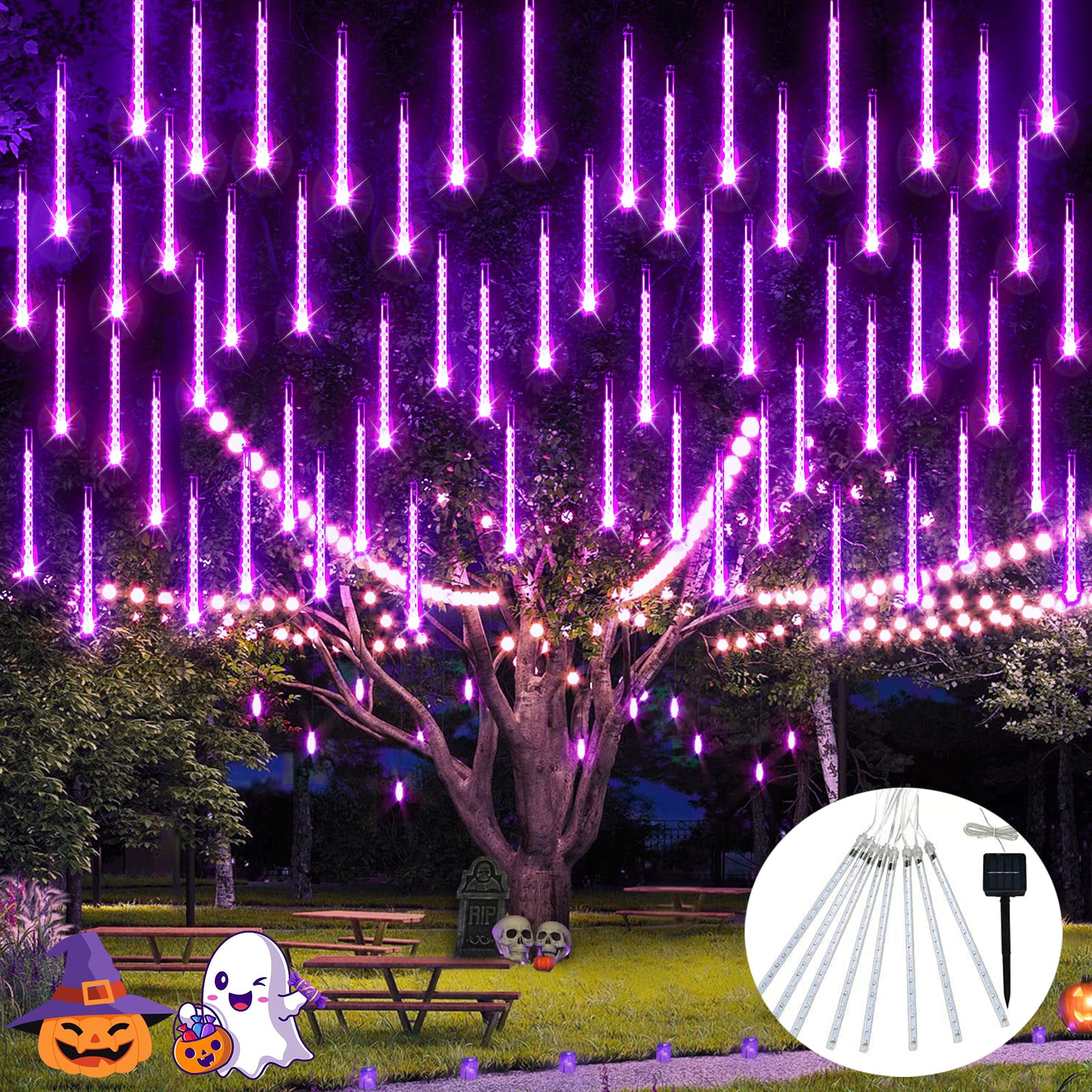JMEXSUS Solar Halloween Lights Outdoor, 8 Tube 144 LEDs Solar Meteor Shower Lights, Purple Halloween Light for Tree Fence Eaves Patio Yard Holiday Party Decor