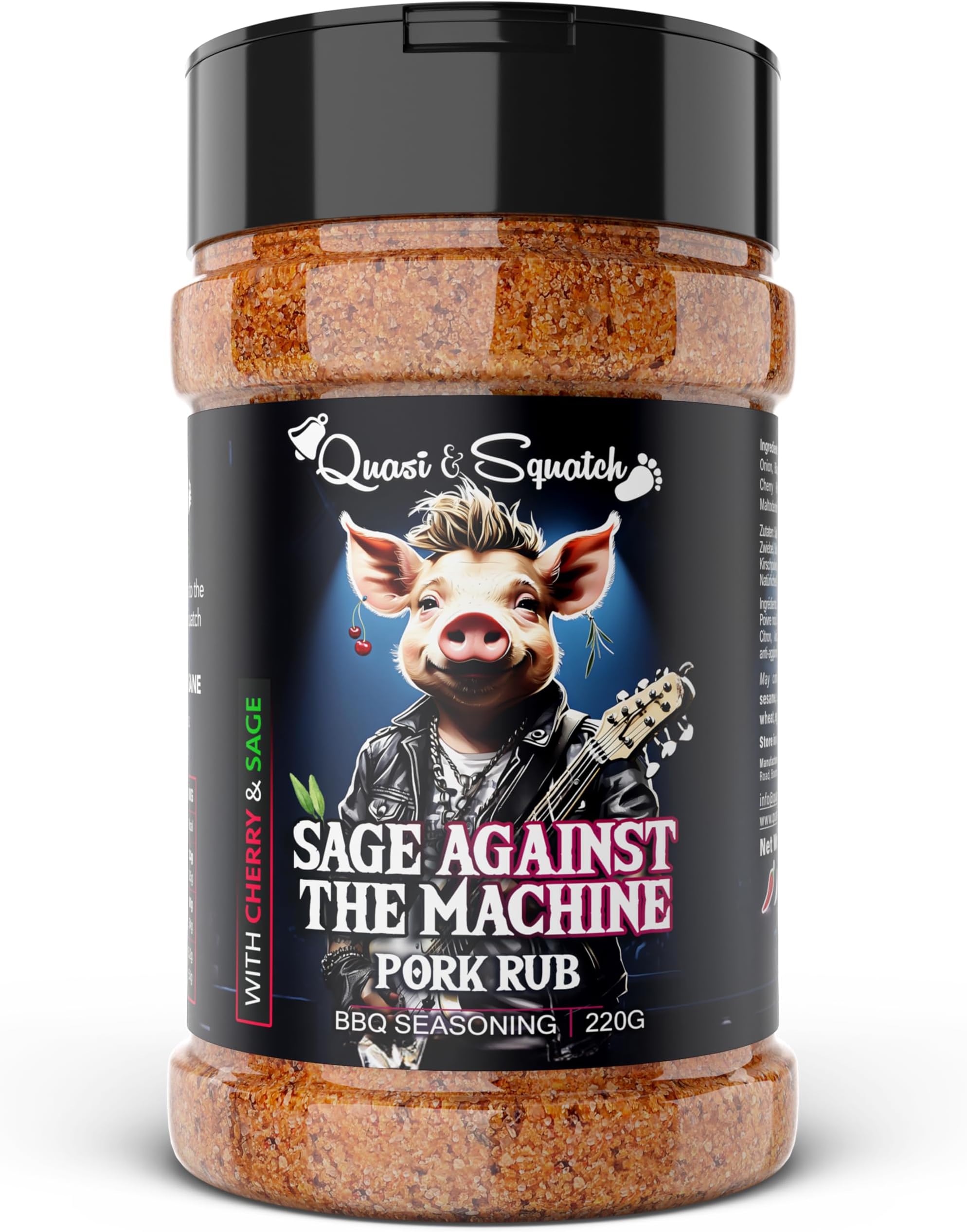 BBQ Rub for Pork by Quasi & Squatch - Sage Against The Machine - Pork Rub (Dark Cherry & Sage) Smoked Pulled Pork & Ribs Seasoning | Dry Spice for Professional BBQ & Grill | Large Jar 220g