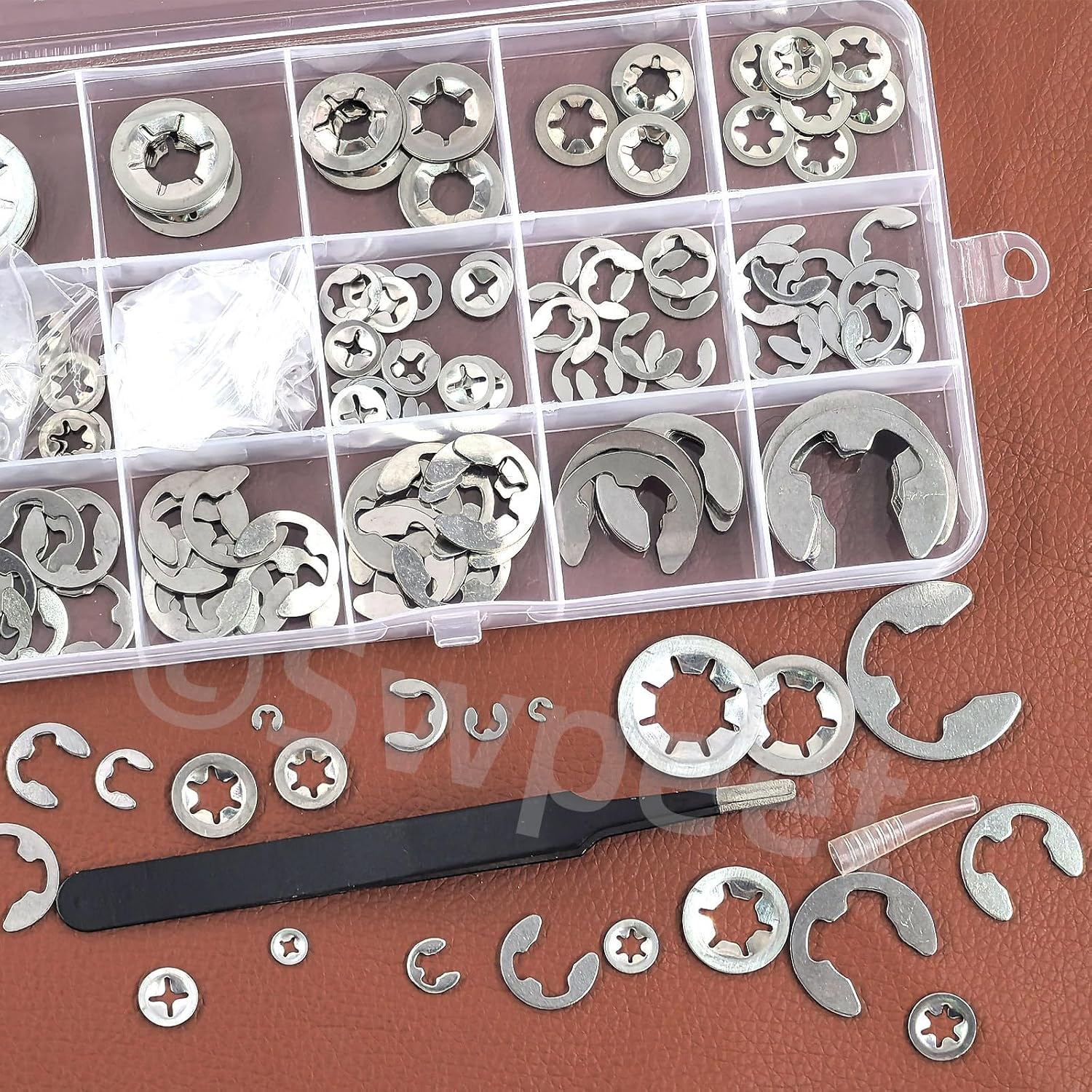 Swpeet 236Pcs 304 Stainless Steel E-Clip and Internal Tooth Lock Washers with Tweezers Assortment Kit, Spring Push On Locking Nuts Speed Clips Snap Ring E-Ring Circlip Rings for Gear