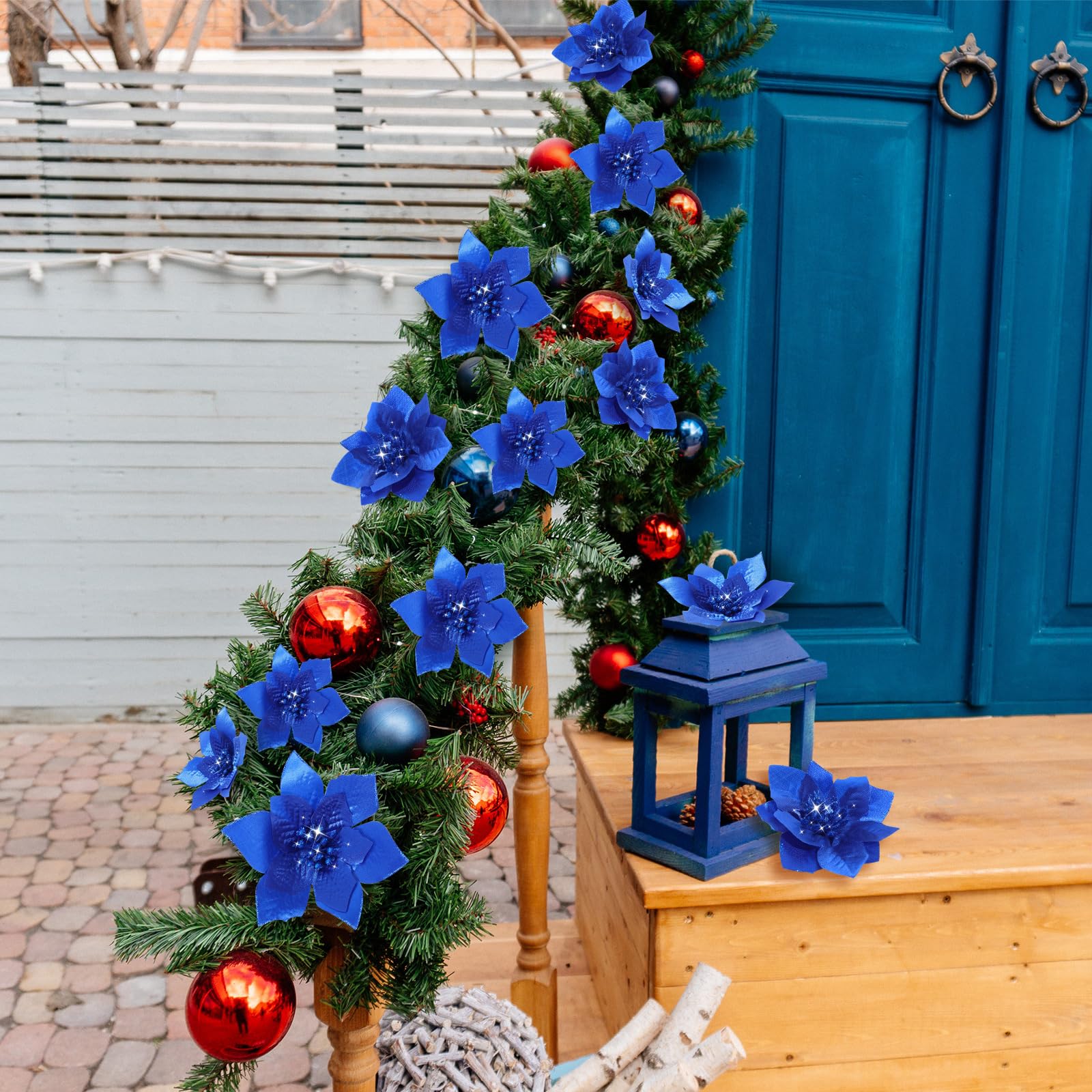 WILLBOND 24 Pieces 3 Size Christmas Glitter Poinsettia Flowers Wedding Faux Flowers Christmas Decoration Ornaments For Christmas tree New Year Home Outdoor Decoration (Royal Blue,3.2/4/6 Inches) - Image 4