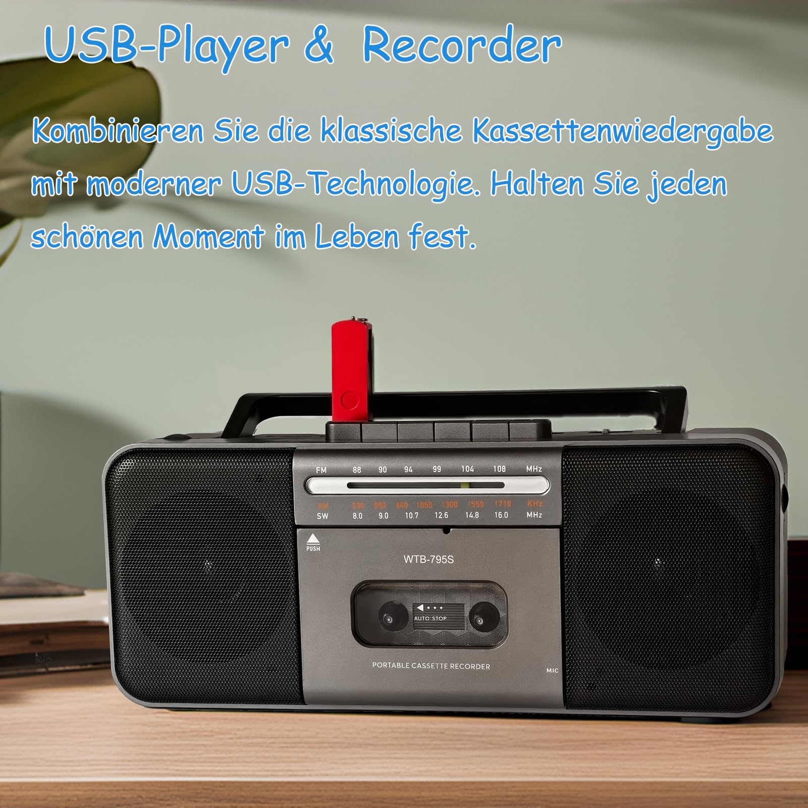 Boomboxen Tragbarer Kassettenrekorder mit AM/FM/SW-Stereoradio, Bluetooth, Aufnahme auf Kassette/USB/SD über Mikrofon, Kassette-zu-MP3-Konverter, 10-W-Lautsprecher, AC/DC-Stromversorgung