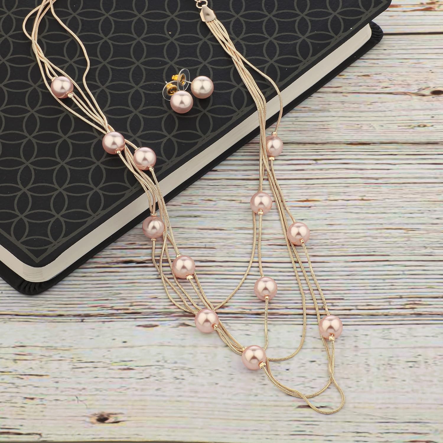 Nicole Miller Pearls Multi-strand Long Necklace Set with Pearl Earrings (RoseGold/Blush)