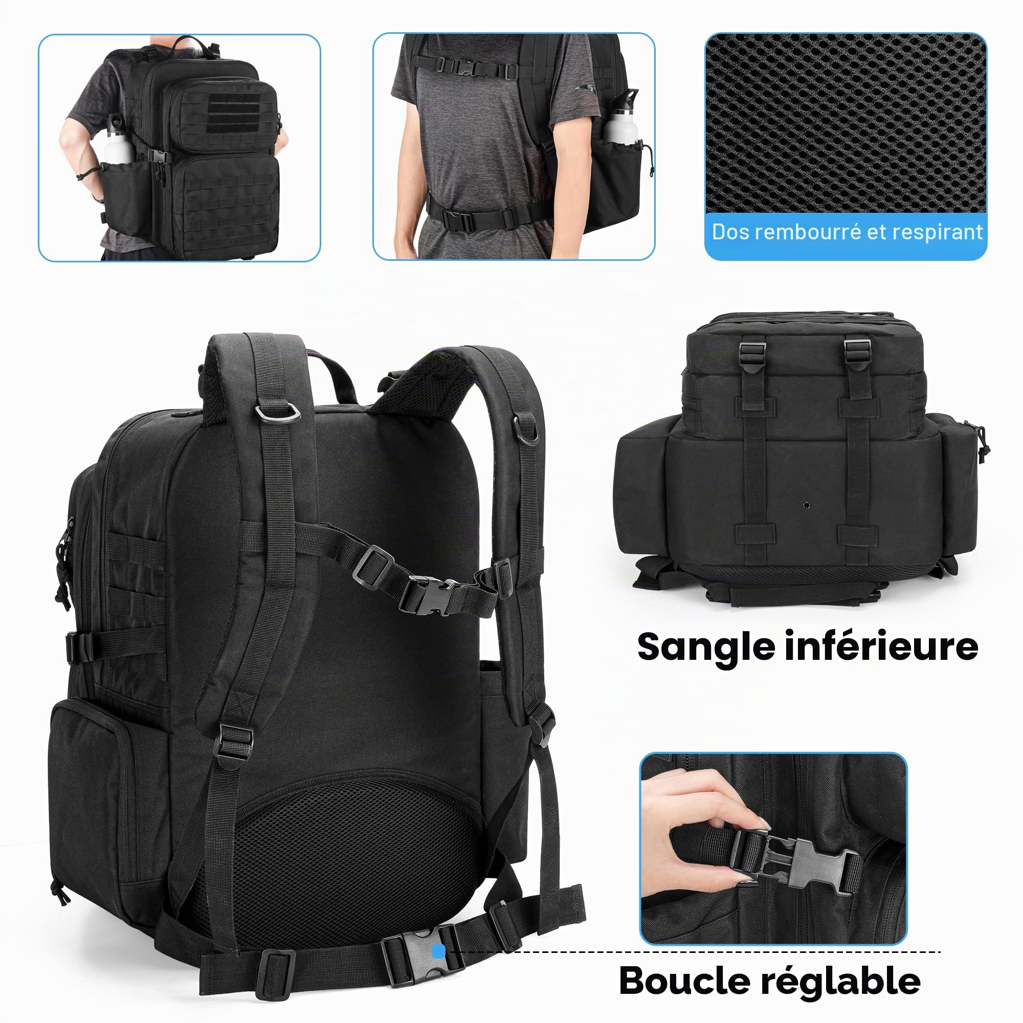 Damero Sac à Dos Tactique Grande Capacité Multifonction Randonnée Camping Noir