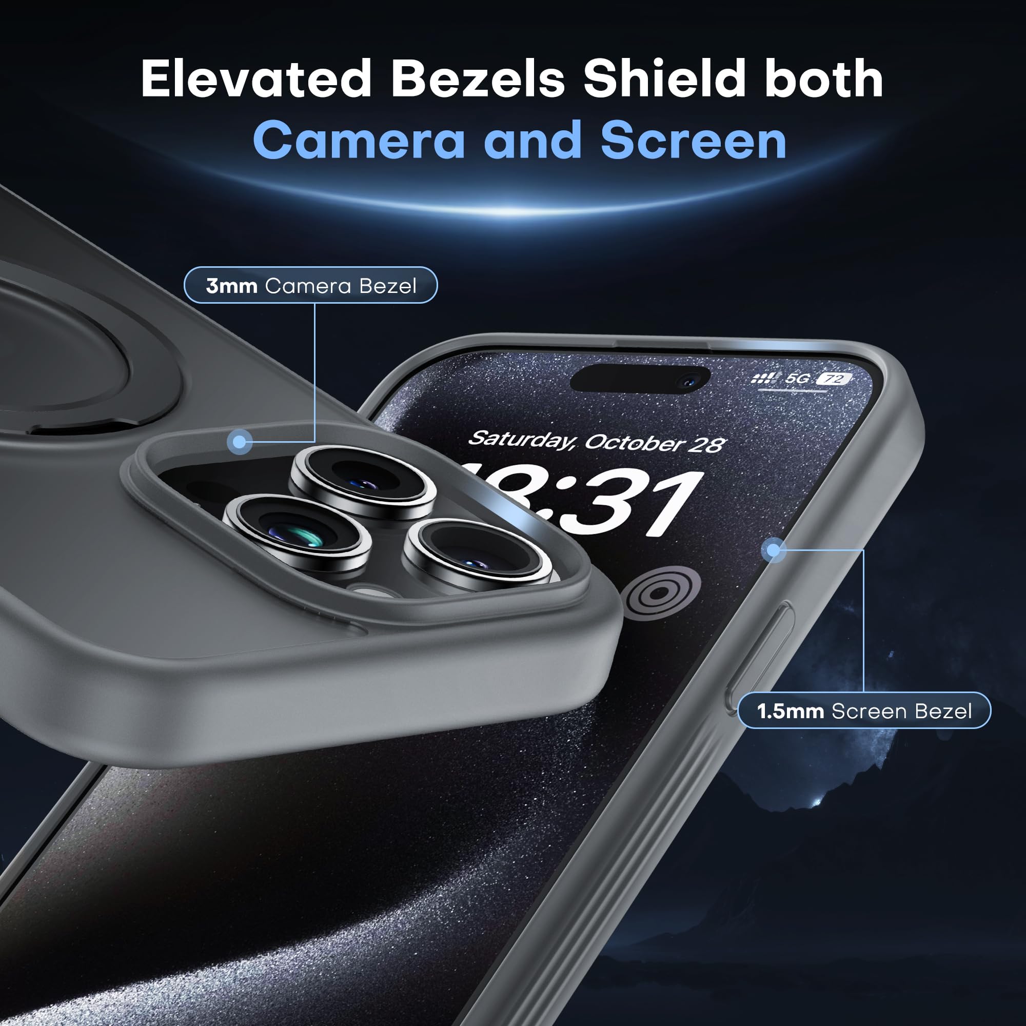 CellEver Strong Magnetic For IPhone 15 Case With Ring Stand [Military Grade Drop Tested] [Compatible With MagSafe] Slim Translucent Matte Phone Case (6.1") - Black - View #4