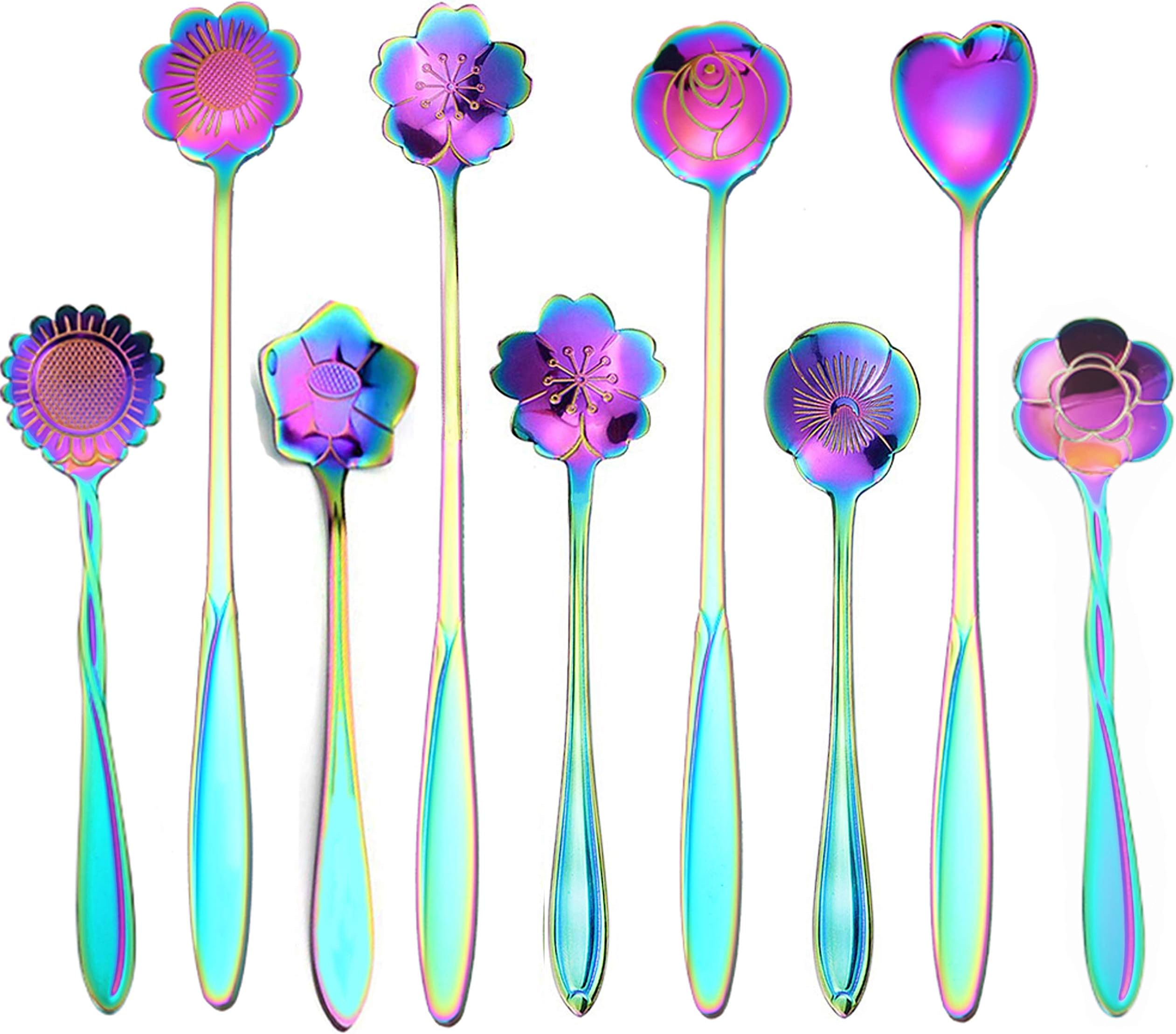 ESRISE 9 Pcs Flower Spoon Coffee Teaspoon Set, Stainless Steel Tea Spoon Dessert Spoon, Cute Demitasse Scoop for Stirring Drink Mixing Milkshake Jam (Multi)