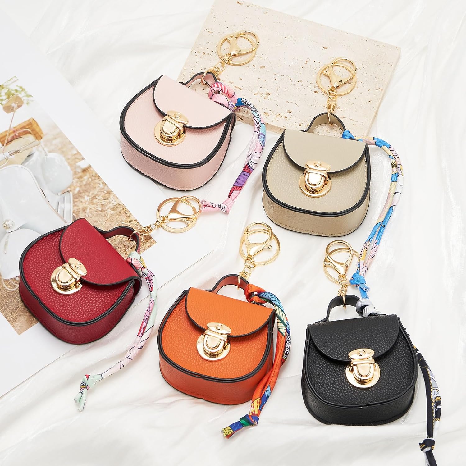 WOZEAH Mini Backpack Keychain for Women,Small Change Pouch Coin Purse Snap Button with Key Headset Bag(Orange) - Image 5