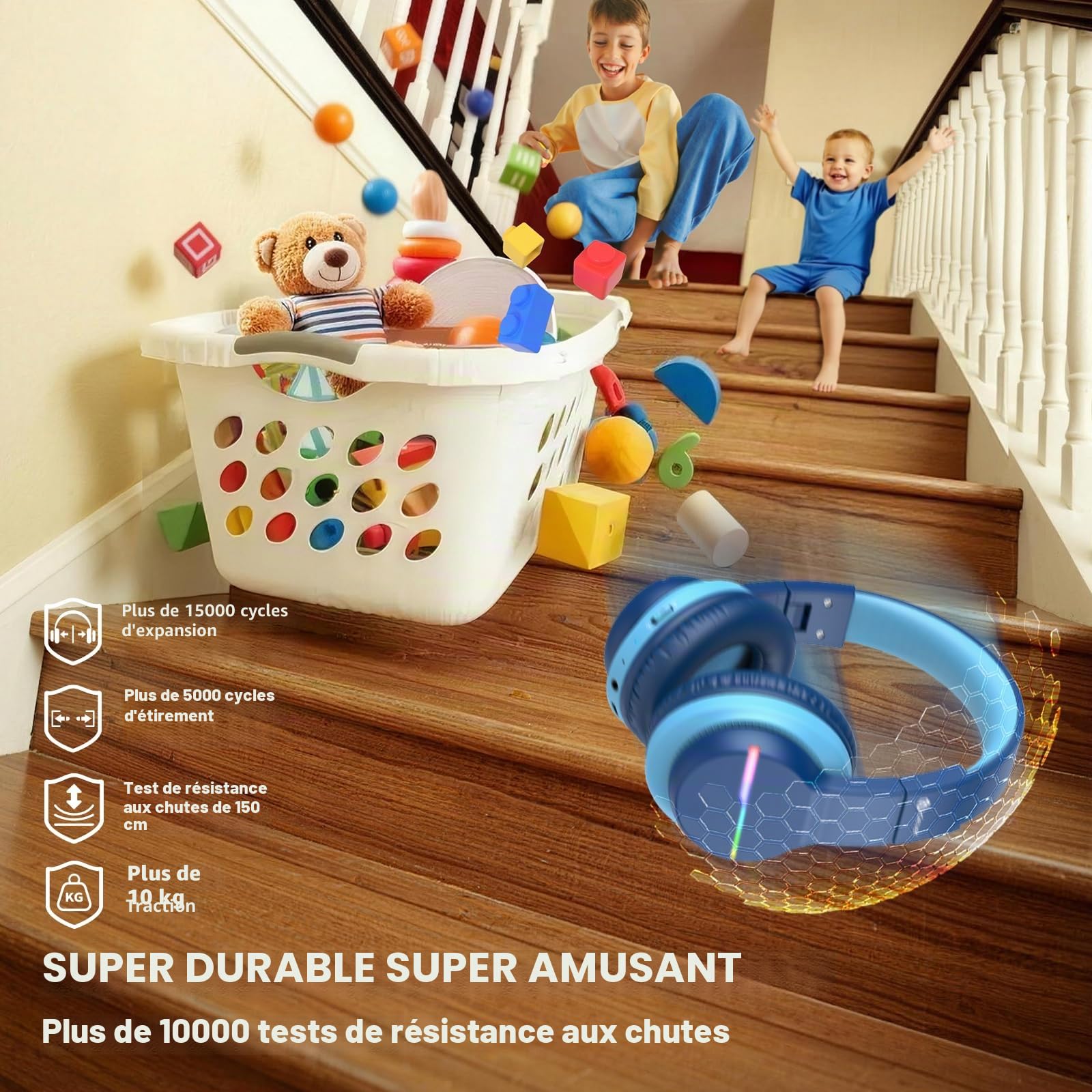 iClever Casque Audio Enfant Bluetooth sans Fil avec Microphone, Lumières LED Colorées, Volume Limité 74/85/94dB, 85 Heures de Travail, Bluetooth 5.2, Micro Intégré BTH12