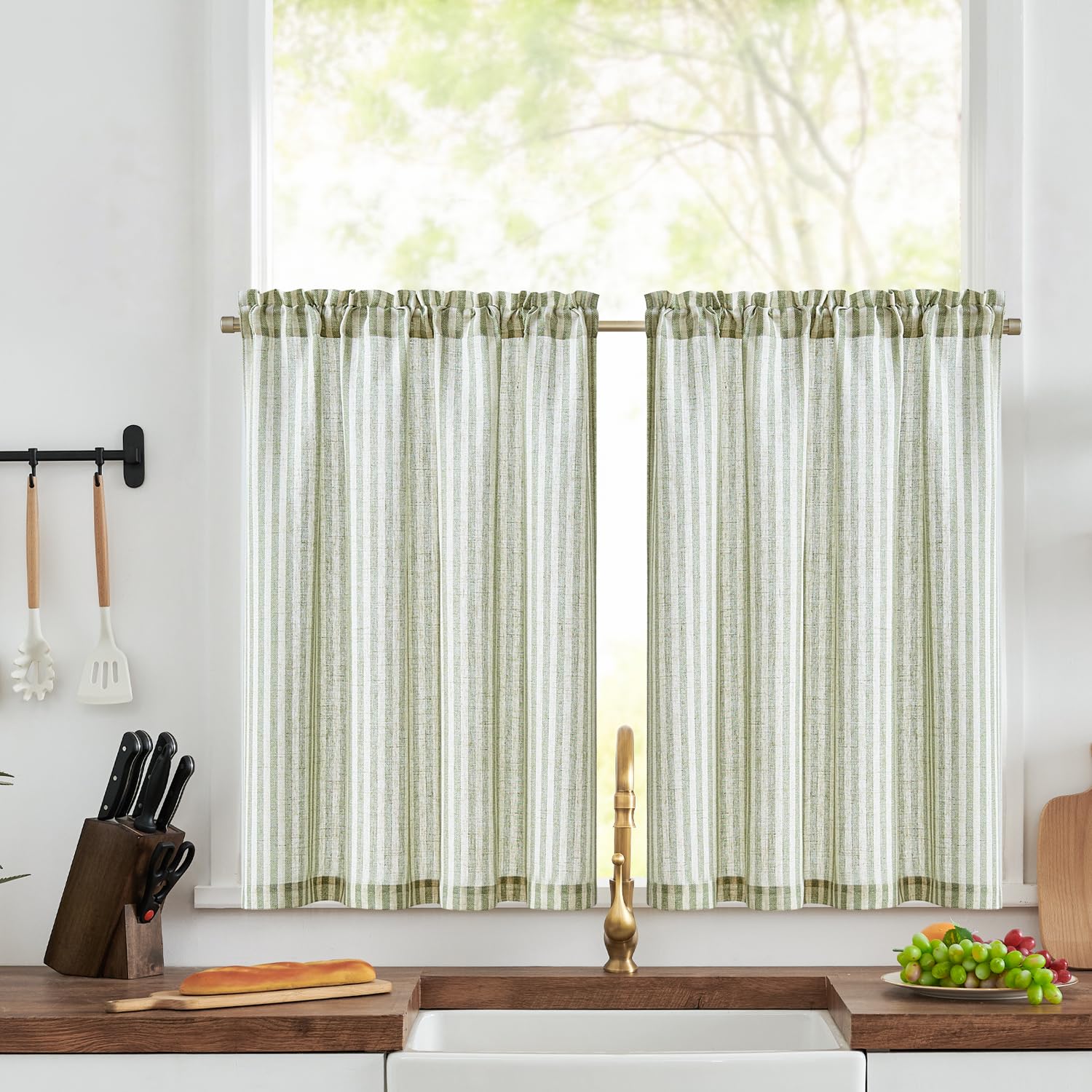 TOPICK Kitchen Curtains with Green Stripe Pattern 24 Inch Drop, Light Filtering Privacy Cafe Curtains, Rod Pocket Short Curtain 2 Panels for Cupboard Base, Sink, Basement, Bistro, W36 x L24 Inch