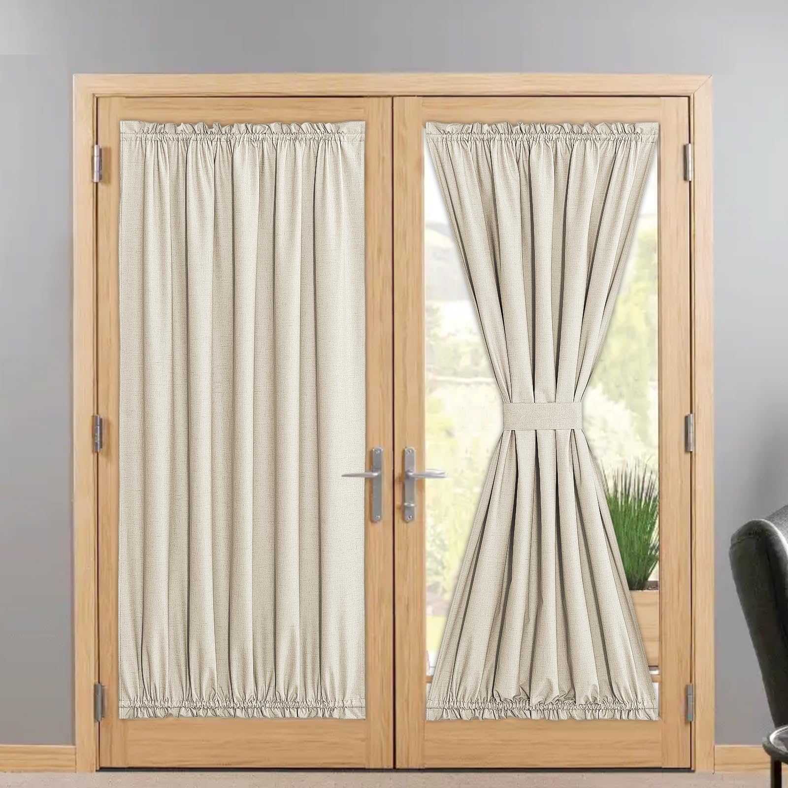 NICETOWN 100% Blackout French Door Curtains, Farmhouse Kitchen Door Window Covering for Patio Glass Door, Drill-Free, Easy Installed Door Window Curtains, 1 Panel, 54" W x 72" L, Light Beige