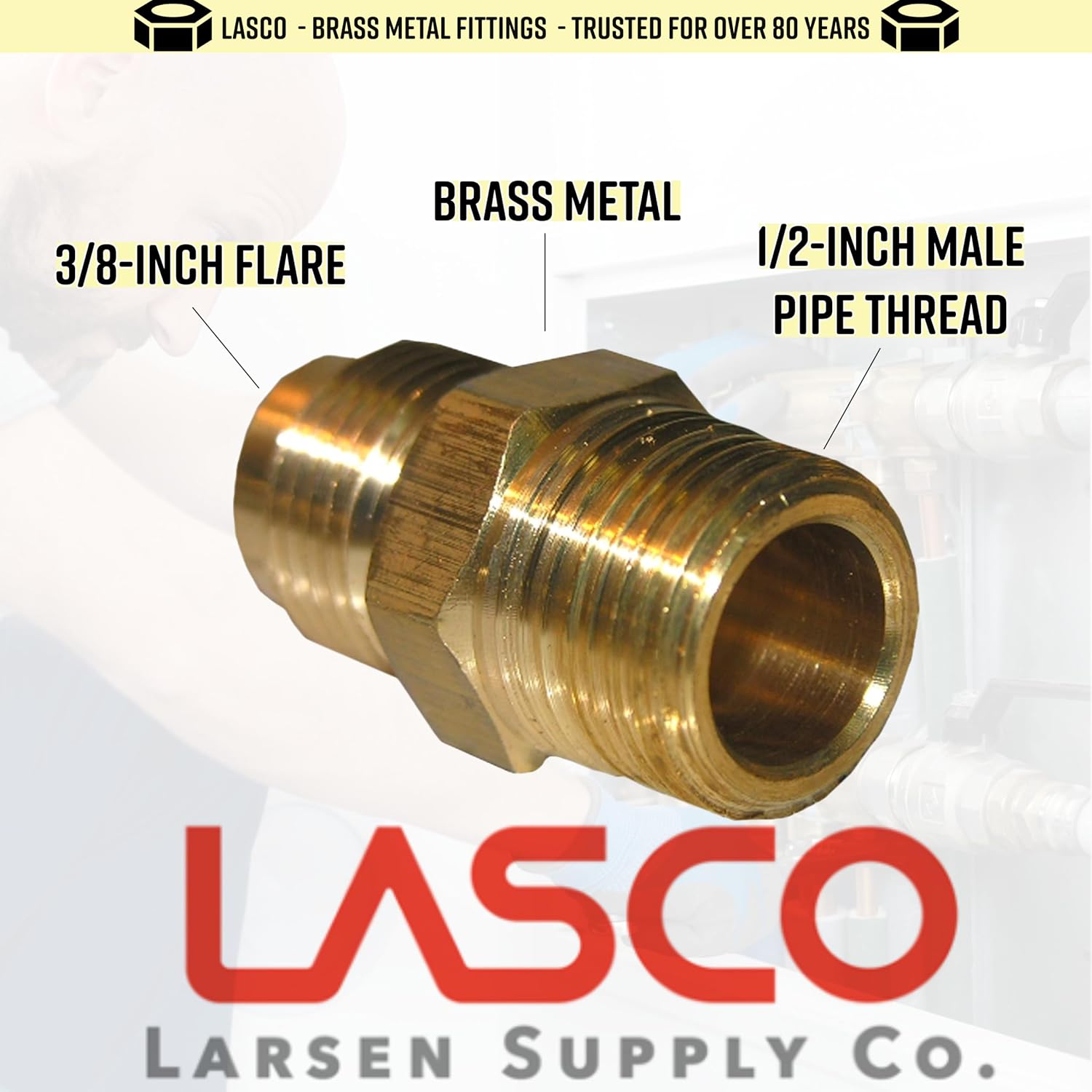 LASCO 17-4833 3/8-Inch Flare by 1/2-Inch Male Pipe Thread Brass Adapter
