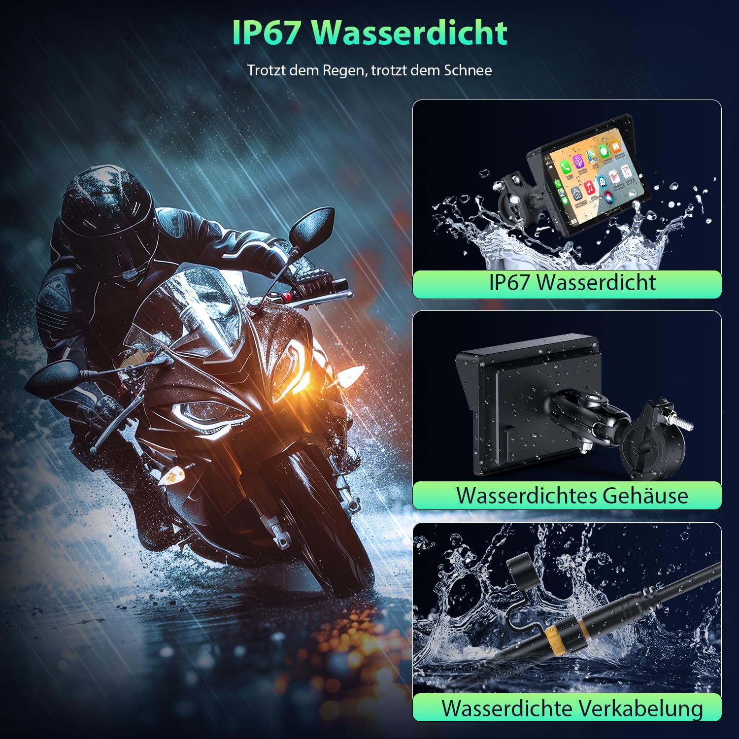 A522 Motorrad CarPlay Display 5 Zoll, Kabelloses Apple CarPlay & Android Auto,IP67 Wasserdichtes Motorrad Navi,Dual Bluetooth,GPS Navigation,Sprachsteuerung,Touchscreen,USB/Acc Stromversorgung