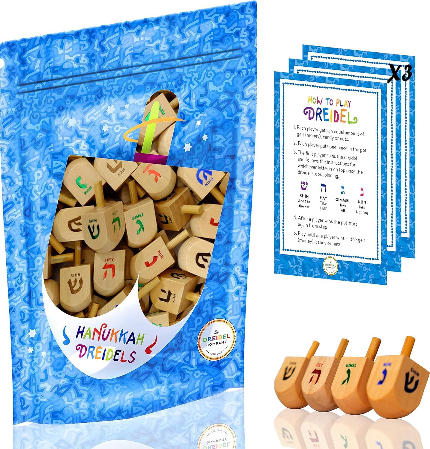 200-Pack Natural Wood Dreidels Hanukkah Draydel with English Transliteration & Instruction Cards (200-Pack)