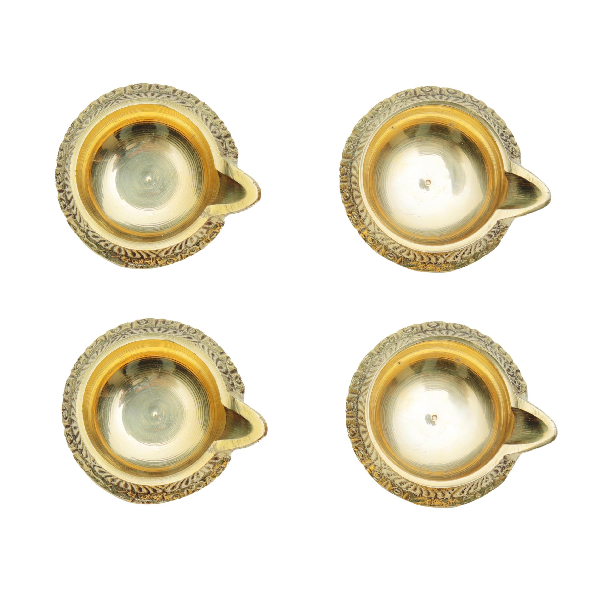 Set of 4 Diya Deepak Pooja Item Brass Oil Lamp for Indian Traditional Pooja Holi Festival Decoration Diya Aarti Lighting Accessories Gift Items Puja Kit(Size-L;2 Inch,W;1.5 Inch H-1)(Golden)
