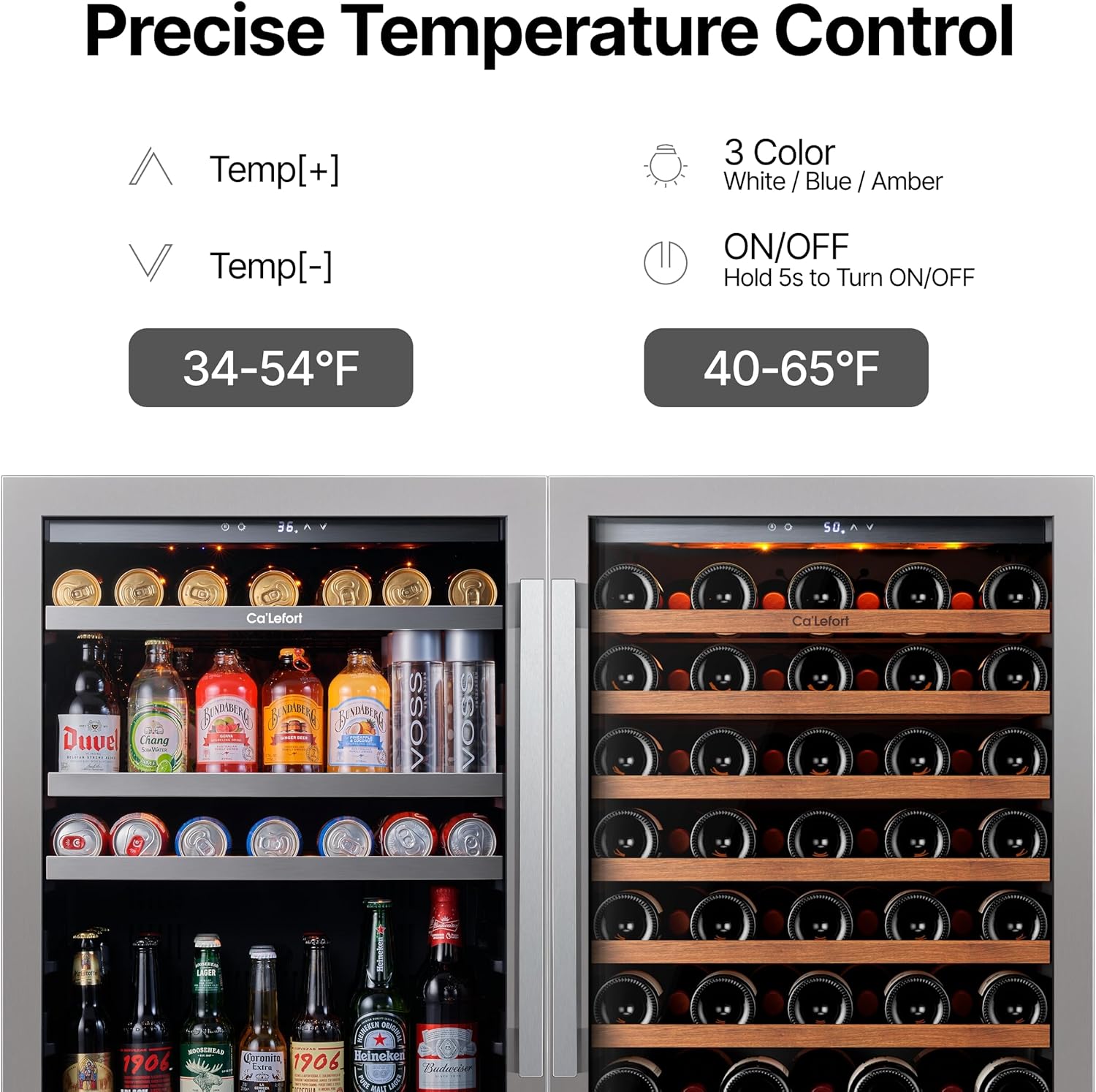 Ca'Lefort 24 Inch Wine & Beverage Refrigerator Bundle, 220 Cans & 61 Bottles Dual Zone 34-65°F Temp Control, Glass Door & 3-Color LED, Built-in or Freestanding for Home Bar Kitchen (2 Units)