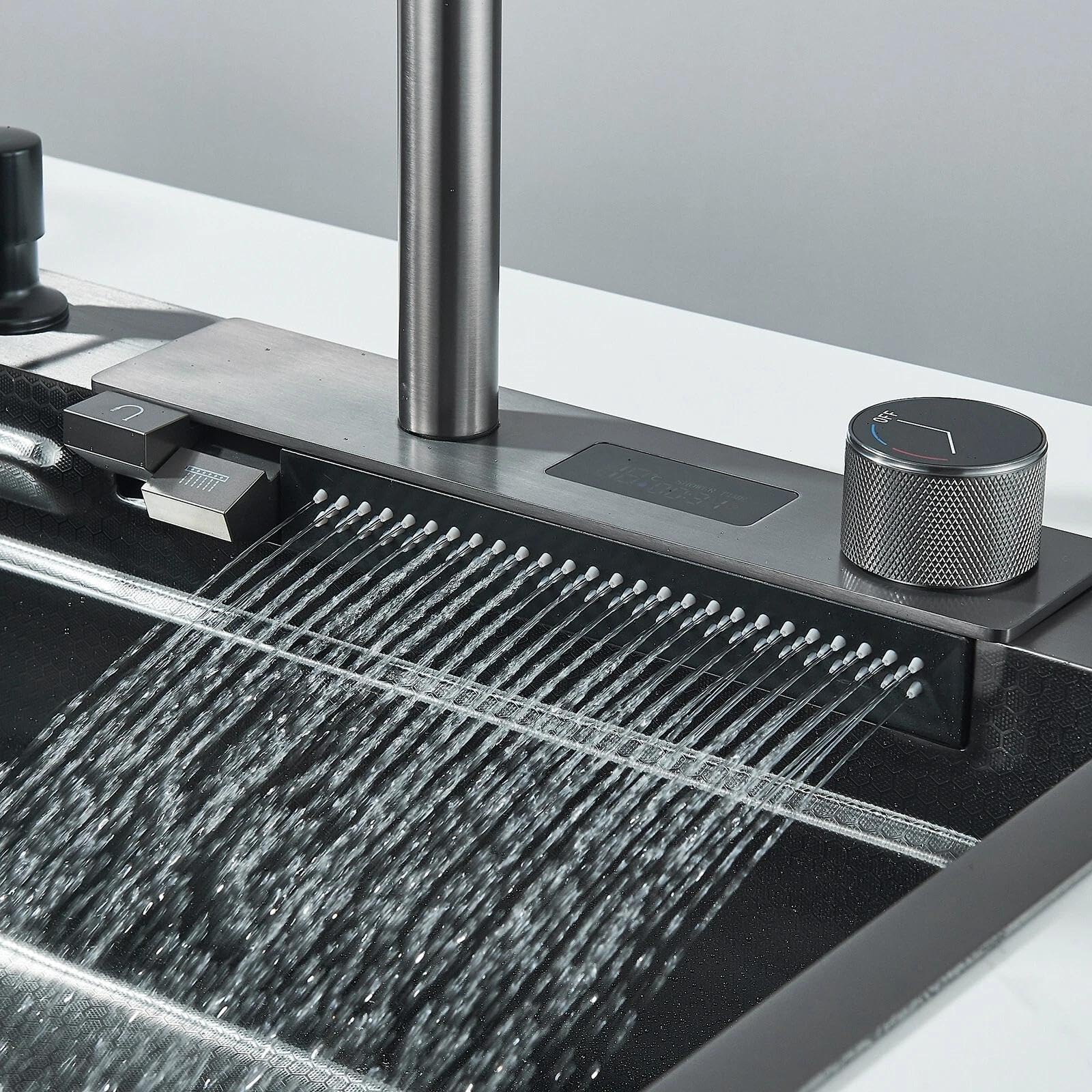 Evier de cuisine Noir Acier inoxydable Evier de cuisine avec Robinet Extensible Set de Robinetterie Machine à Laver Les Tasses Planche à découper Eau Pure Affichage de La Température