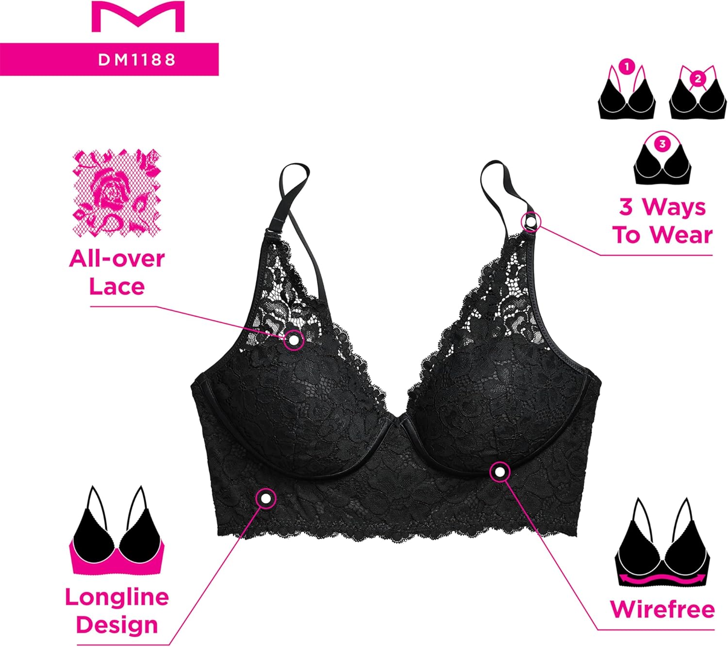 Maidenform Women's Lace Bralette, Padded Longline Bralettes, Convertible Wireless Bras for Women (Plus - Image 5