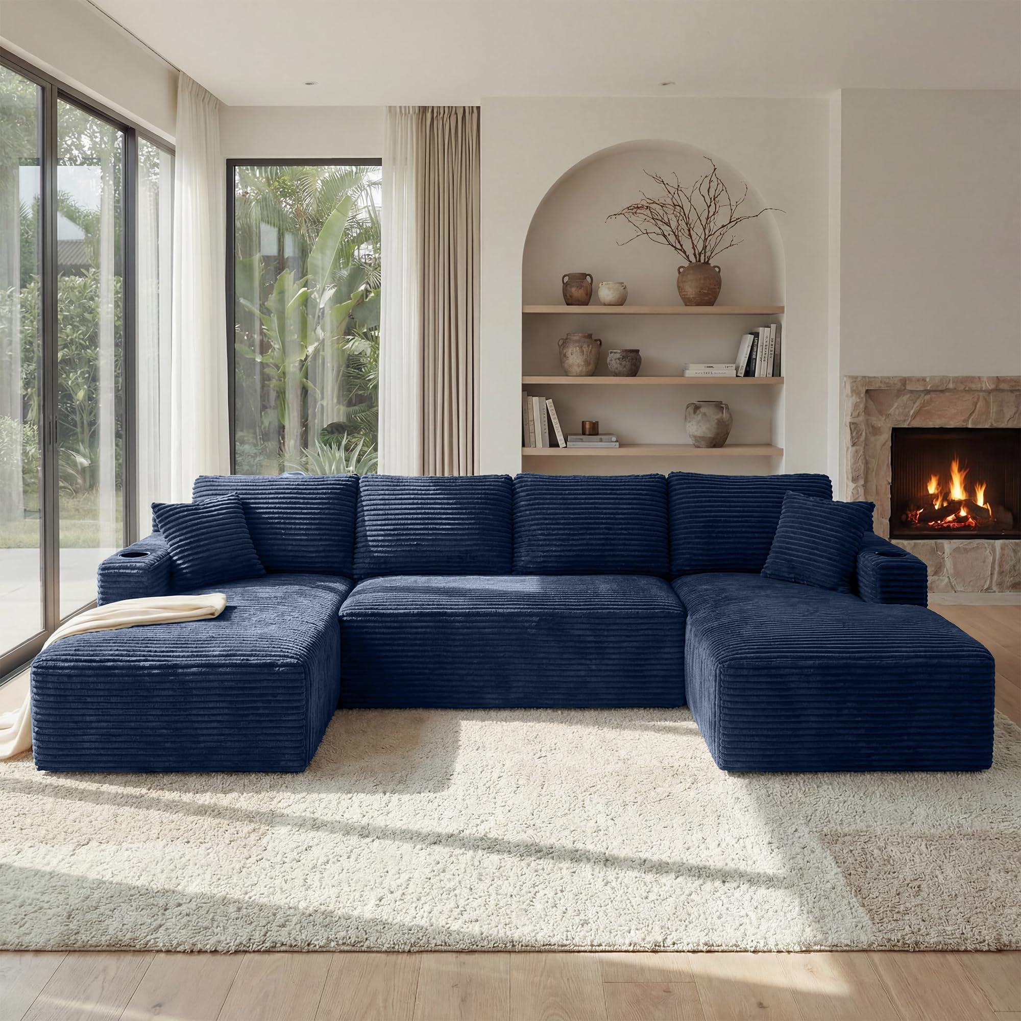 125" Oversized Cloud Boneless Couch with Chaise, Modern Modular Sofa with Deep Seat, Corduroy Upholstered U Shaped Couch for Living Room, No Assembly Required (Blue)