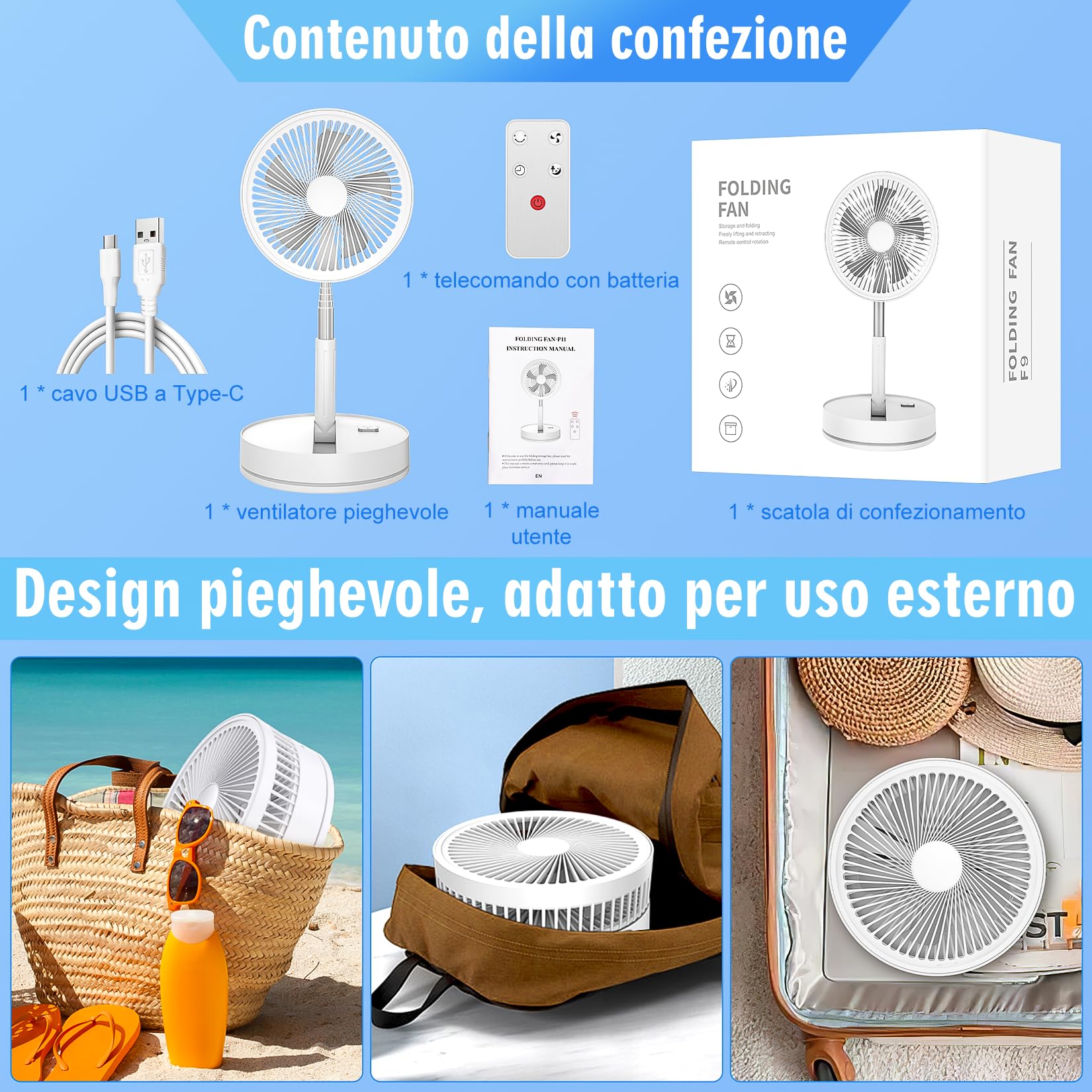 Oscillante Ventilatore a Piantana Silenzioso con Telecomando, 8.6" Portatile Pieghevole Tavolo/In piedi Ventilatore con 4 Velocità/Timer, 8000mAh USB Ricaricabile Fan per Camera da Letto Viaggio
