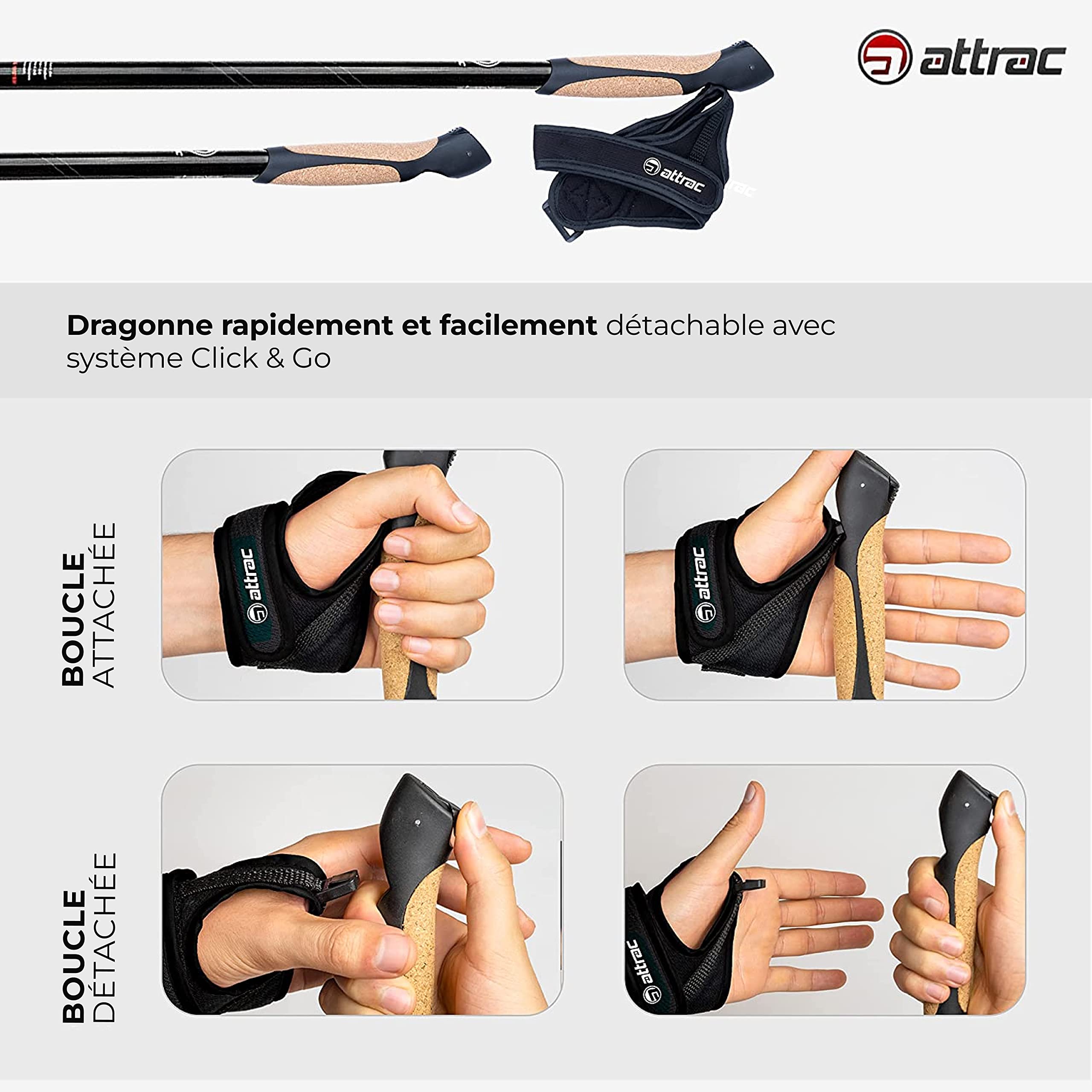 ATTRAC Bâtons de randonnée Click & GO avec Amortissement Anti-Chocs I Bâtons de Marche Nordique réglables et Super légers 69-136 cm avec Application Sport