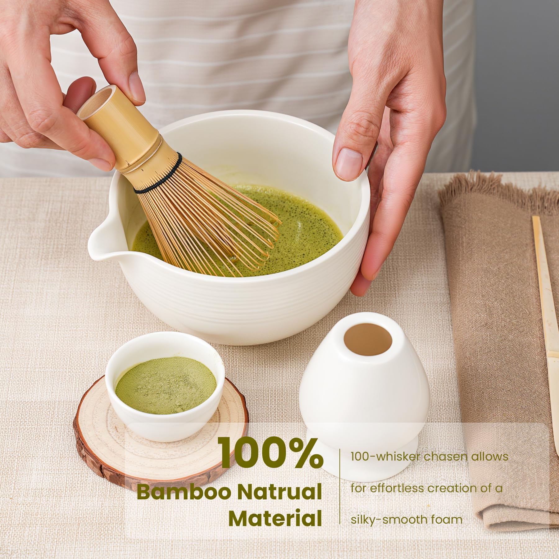 Set di fruste Matcha, realizzate a mano in bambù e ciotola in ceramica, set completo da 5 pezzi con frusta e ciotola con setaccio in acciaio inossidabile, paletta in bambù e supporto per cerimonia del