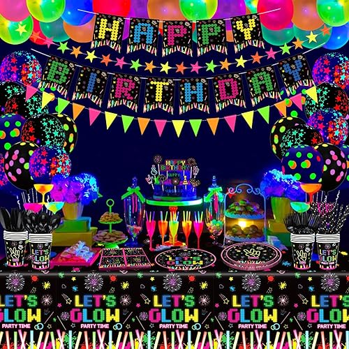 Miniatura 4 de 231 piezas de suministros de fiesta de neón que brillan en la oscuridad, decoraciones de fiesta de luz negra, juego de vajilla para fiesta, platos,