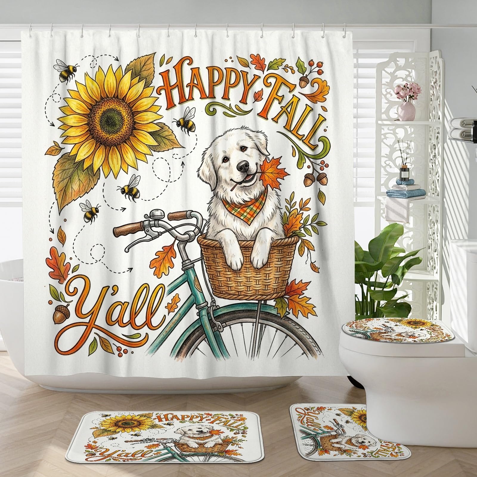 Accessoires de salle de bain pour chien des Pyrénées ensemble 4 pièces tapis antidérapant automne