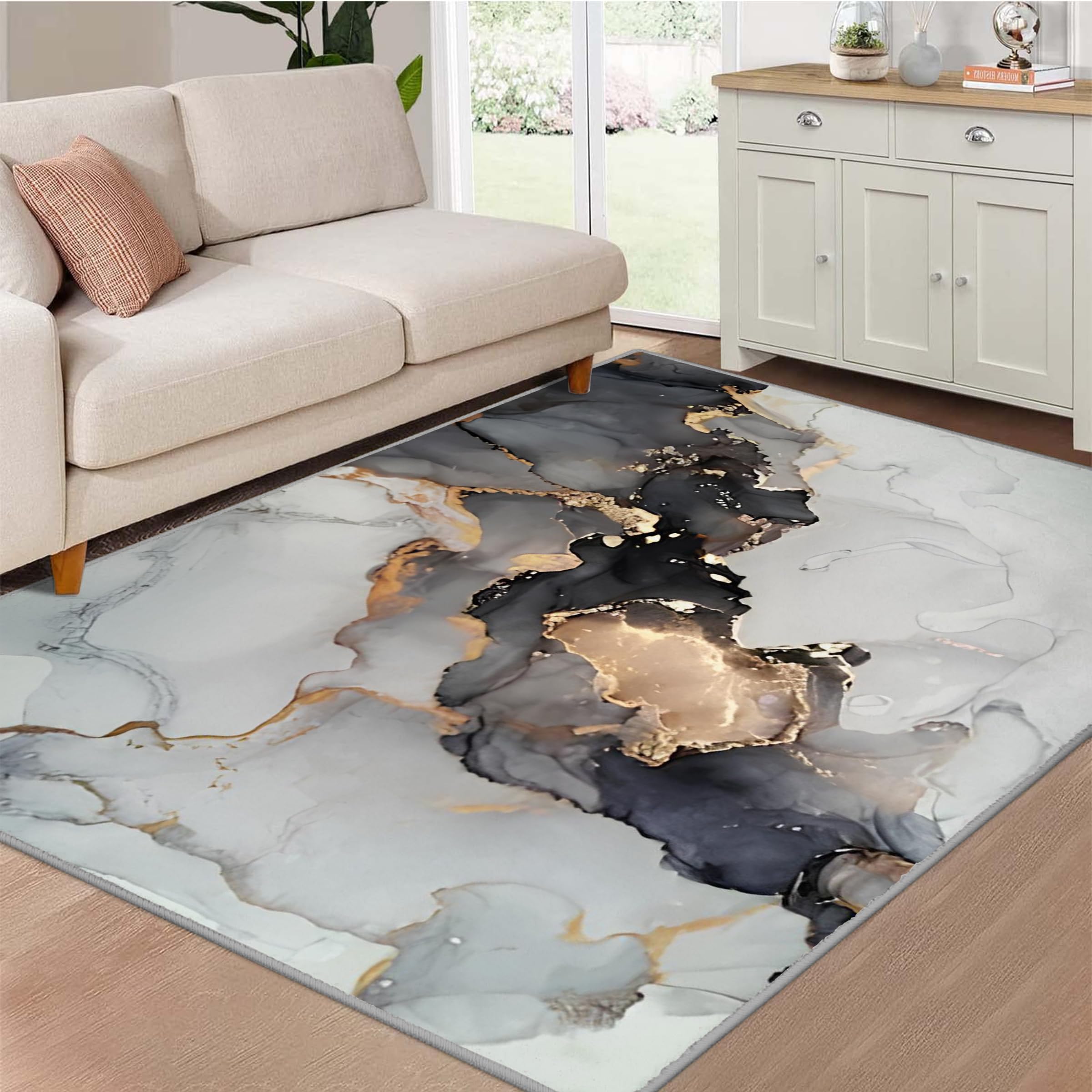 Teppich Quadratisch 150x150 Grau Marmor Teppich Kurzflor Waschbar in Waschmaschine Drucken Teppich Gegend rutschfest Dünn Saugfähig für Wohnzimmer Schlafzimmer Küchen