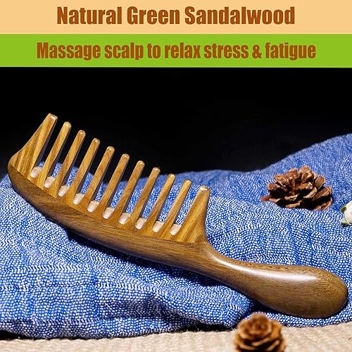 Miniatura 4 de Moreinday Peine de dientes anchos para cabello rizado, peine desenredante, peine de madera para mujer, peine de sándalo verde para hombres