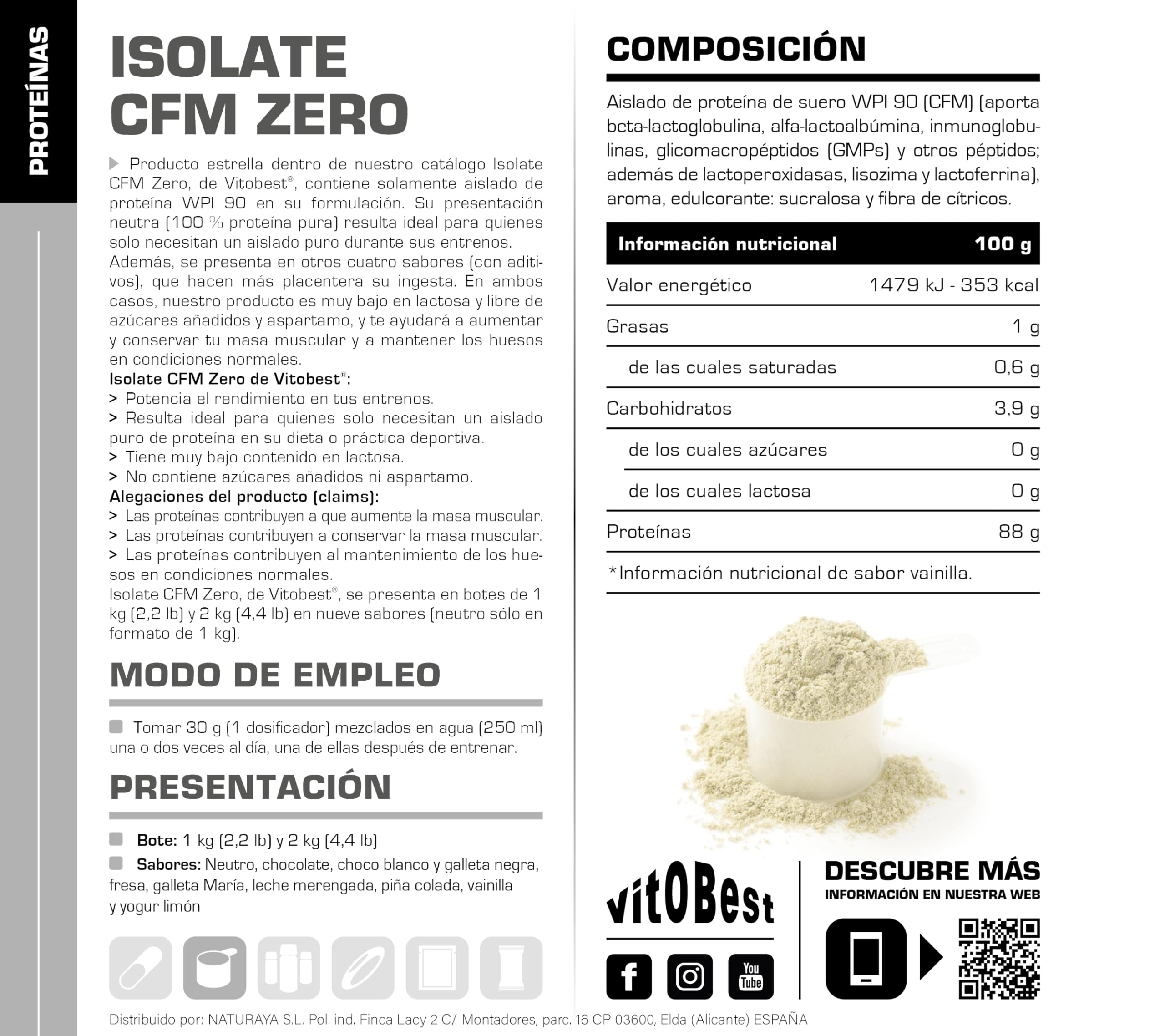 VITOBEST | Proteína Isolate CFM Zero | Ayuda a crear y conservar la masa muscular. Ideal para un aislado puro de proteína | Sabor Vainilla - 2 kg