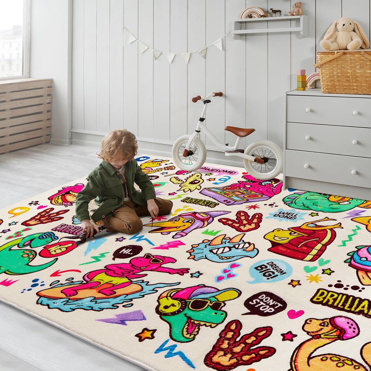 Dinosaur Graffiti Kids Rug 59"×39.4" Colorful Play Mat Encouragement Words Playroom