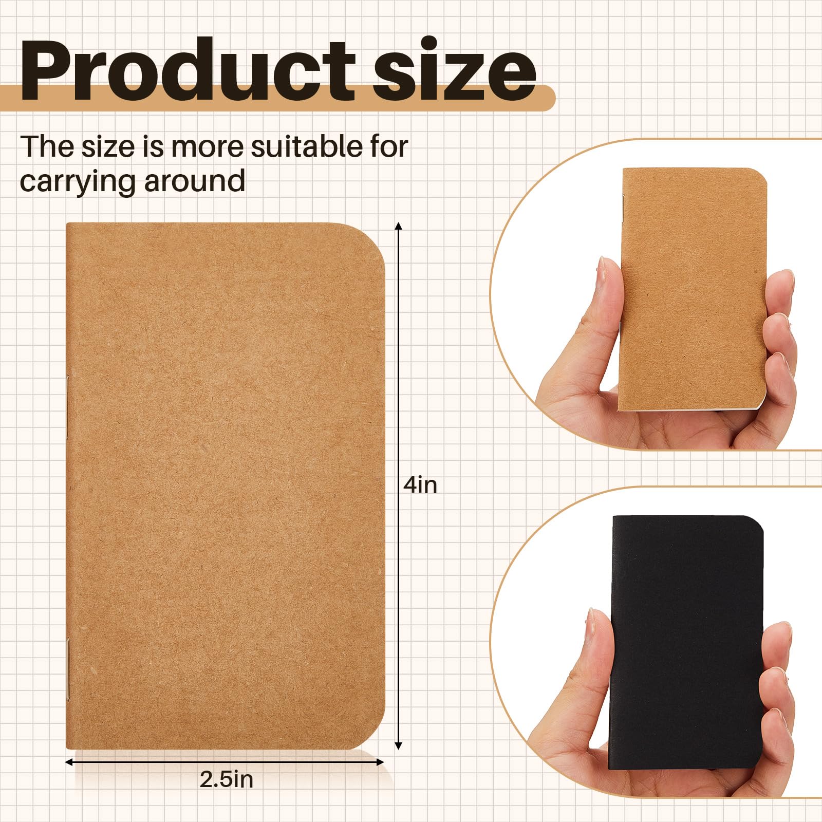 Outus 90 mini taccuini tascabili, 6,3 x 10,2 cm, in carta kraft, con copertina morbida, per studenti, scuola, 60 pagine a righe, 30 fogli (marrone, nero)