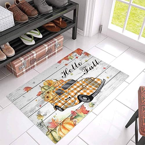 Bath Rugs Entrance Non Slip Front Door Mat Farm Pumpkins in Orange Plaid Truck Kitchen Carpets Rretro Wood Thanksgiving Maple Leaves Floor Mats for