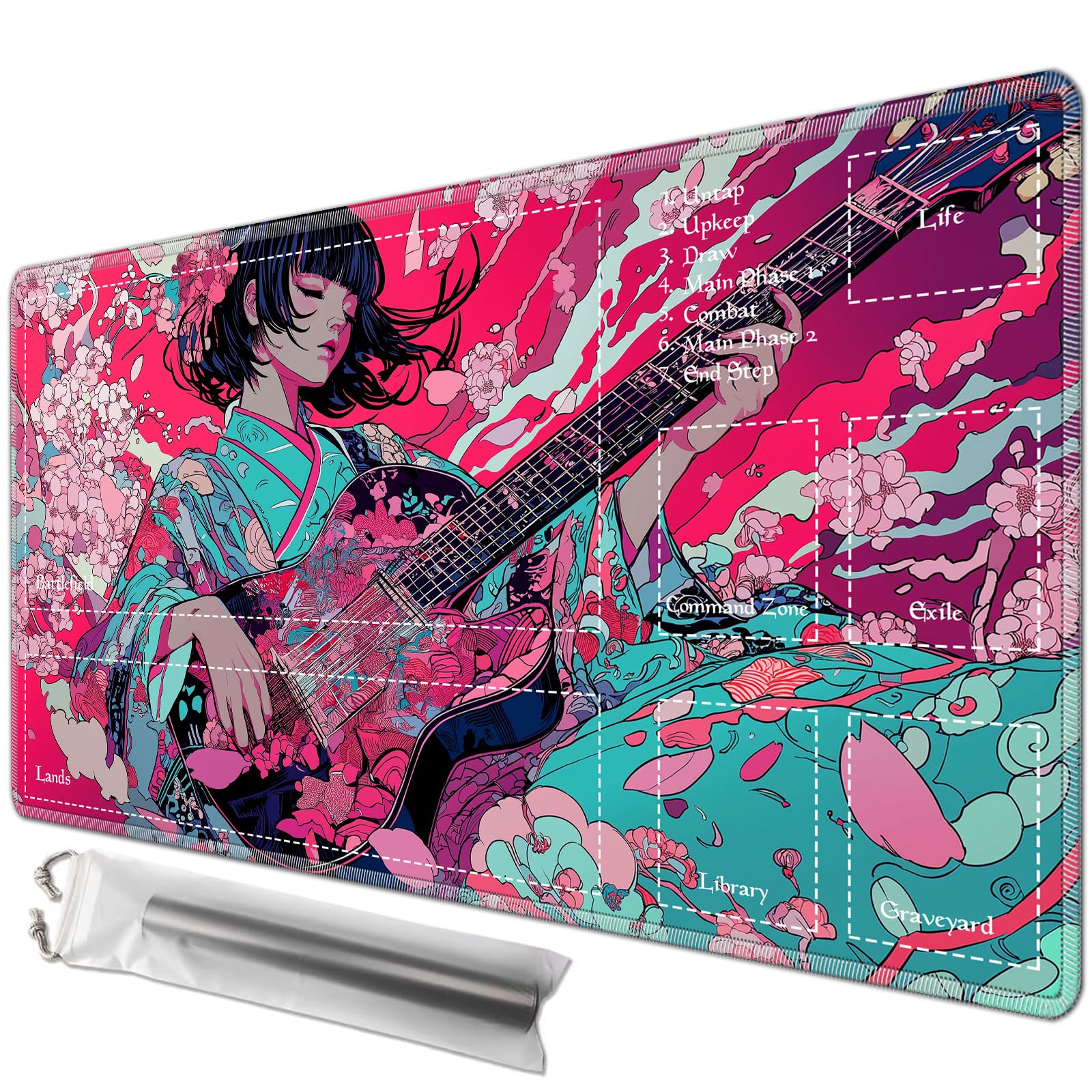 JANENFNA Playmat 27.5" x 15.7" with Magic Zones for MTG Card Game Playing, Board Game Mat for Card Breaking Commander Deck Gaming Card Game Battles Mat with Storage Bags, Sakura Guitar Girl โ image 1