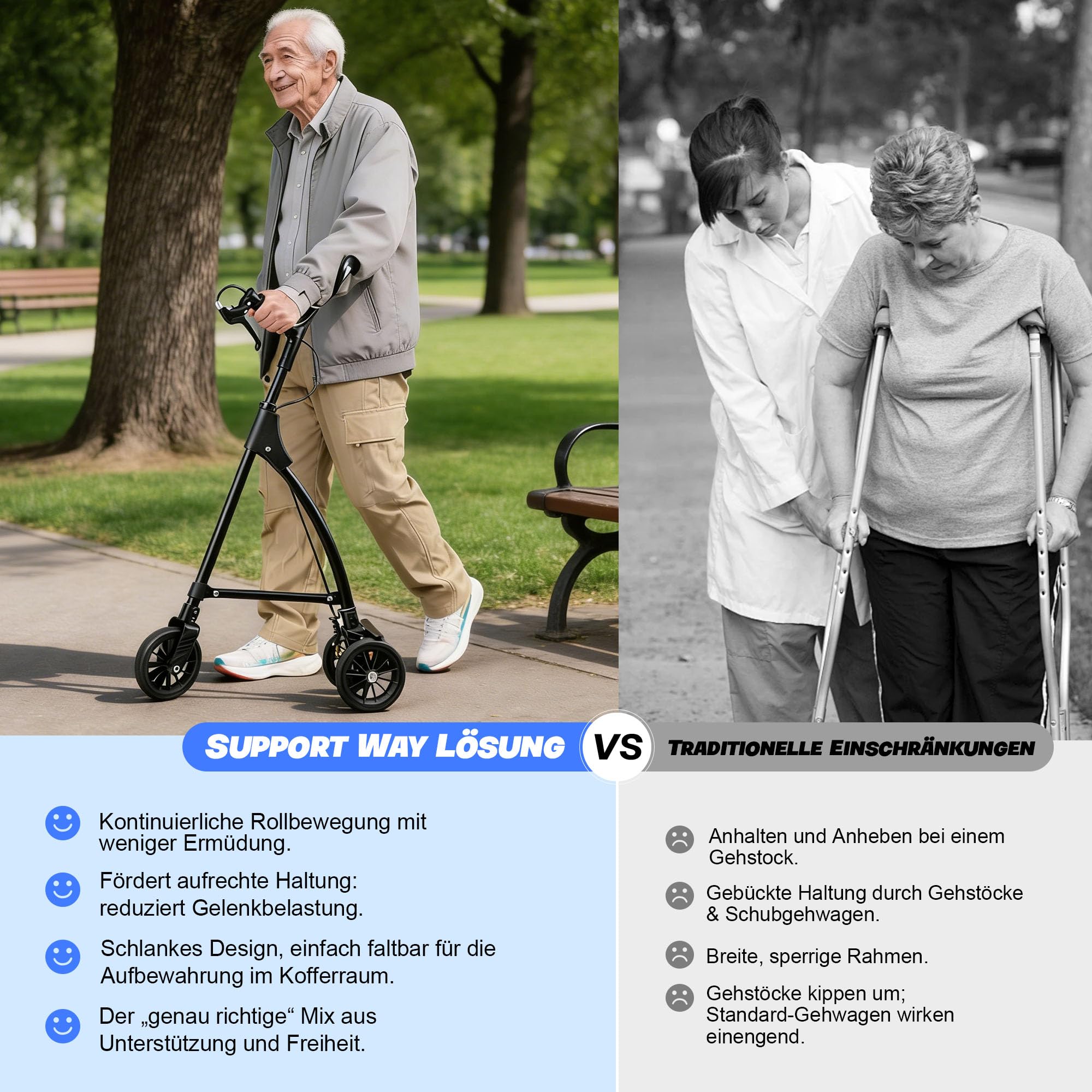 faltbarer Rollator mit 3 Rädern und Handbremsen ist leicht | Stabile Dreieckskonstruktion, höhenverstellbar, einfache Montage & Faltung, für Innen & Außen, Alu, 6-Zoll-Räder.
