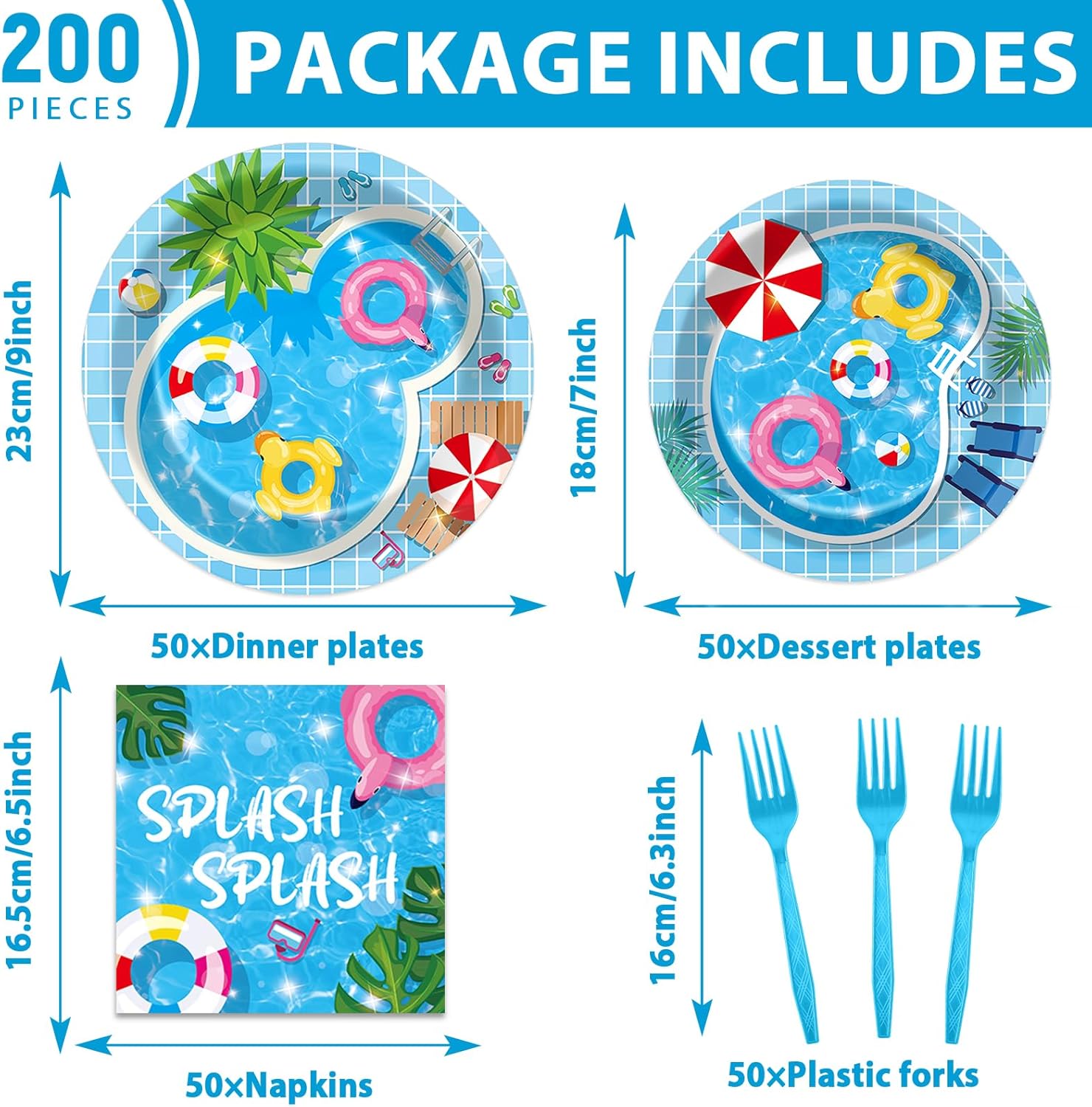 gisgfim 50 Guests Pool Party Supplies Summer Beach Plates and Napkins Forks Summer Pool Tableware Beach Ball Paper Disposable Plates for Splish Splash Birthday Baby Shower Party 200PCS