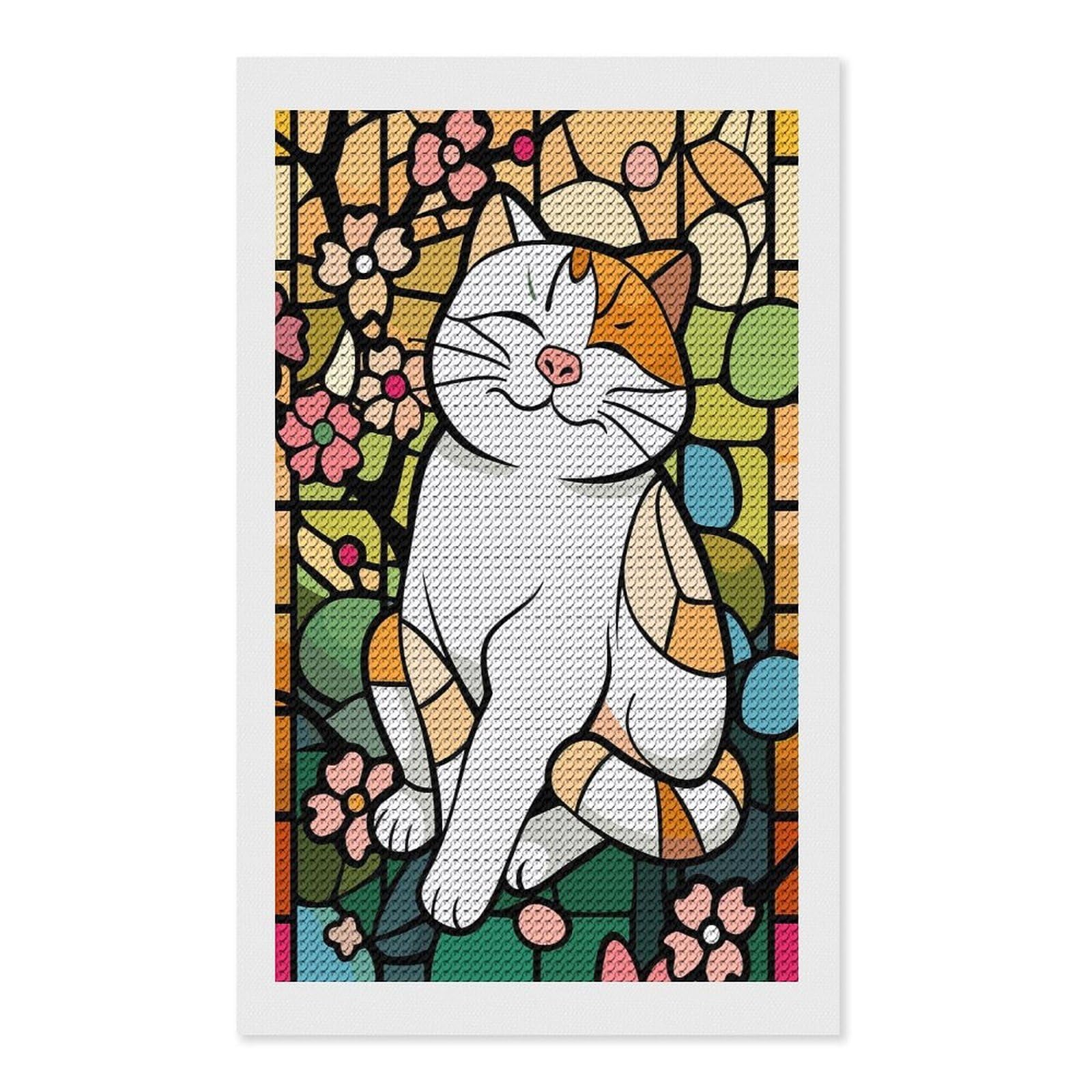 Junmoney Stained Glass Cat with Flowers Diamond Painting Kit 12"x20", Easy Handmade Project, Easy to Enjoy, Aesthetic Room Decor, Christmas Gift