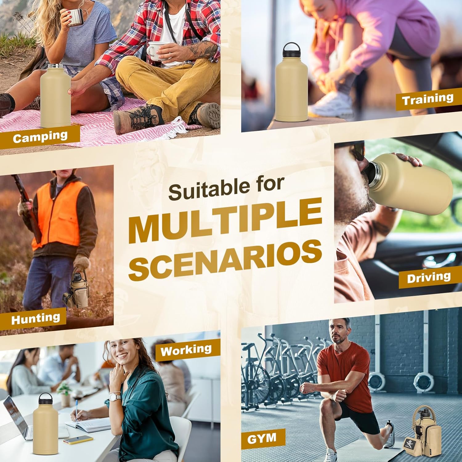 Half Gallon Tactical Water Bottle With Straw - 64 OZ Stainless Steel Water Jug with 3 Lids, Paracord Handle, Molle System