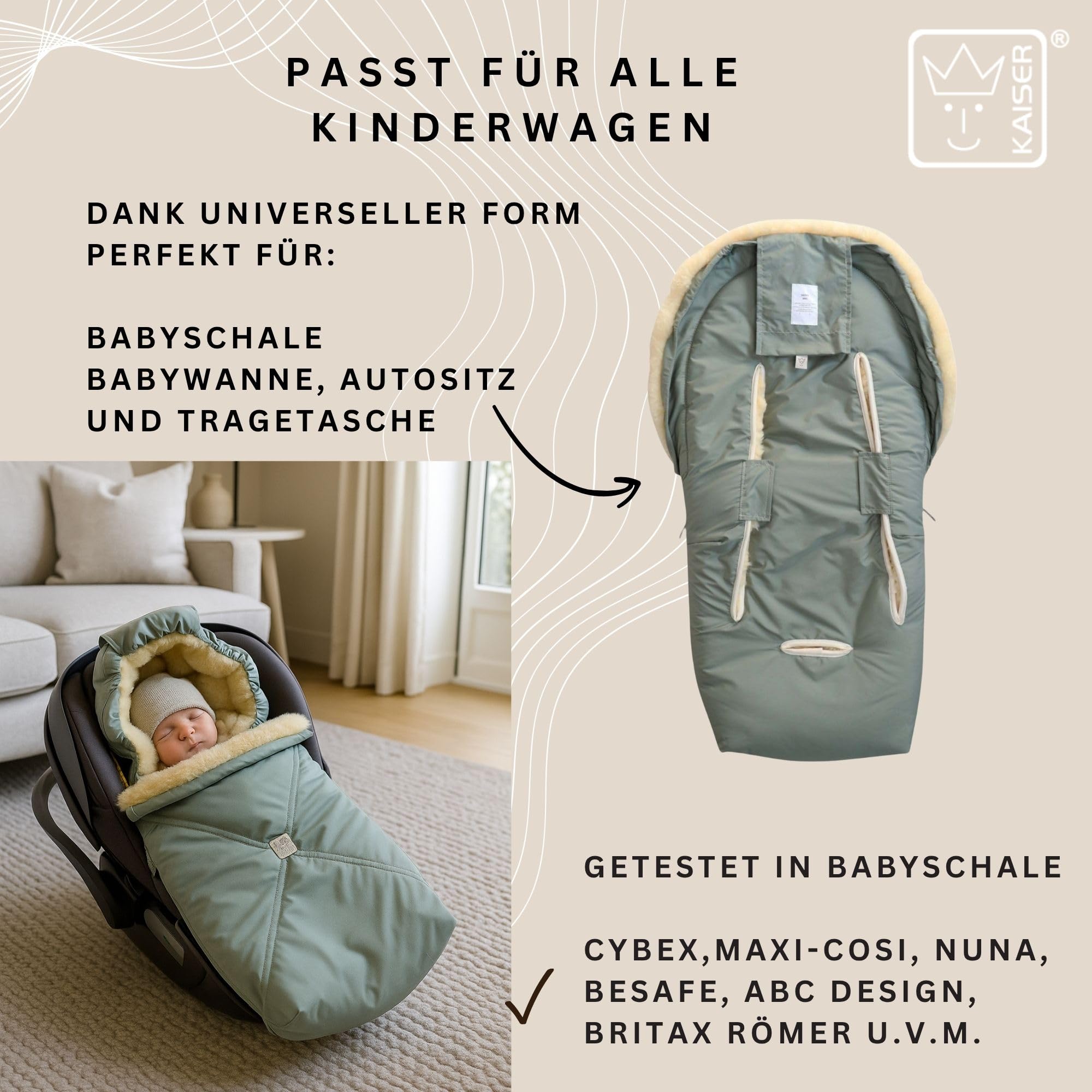 KAISER Emmy Lammfell-Fußsack für Babyschalen, 80 x 37 cm, Abnehmbares Oberteil mit 2-Wege-Reißverschluss (salbei green)