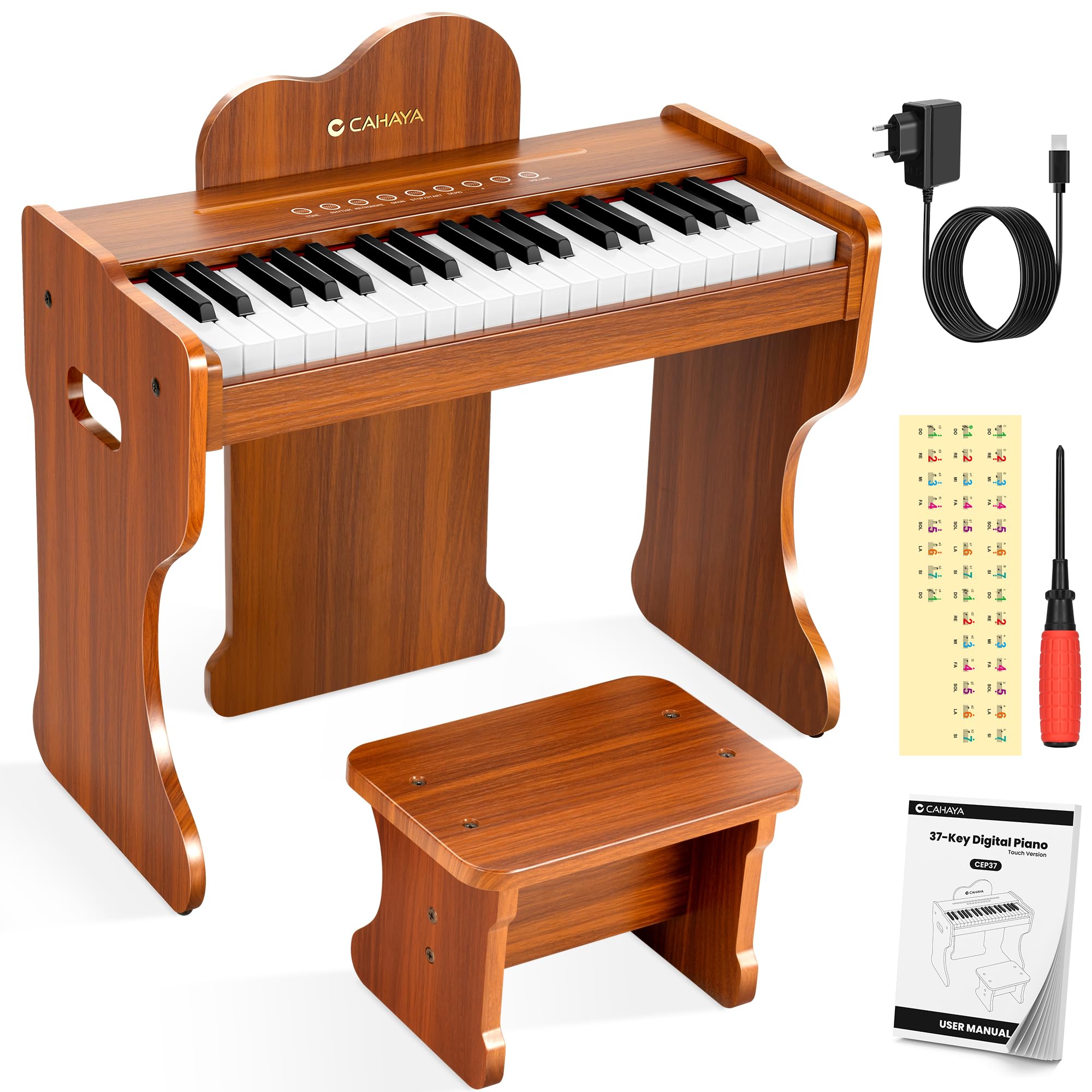 CAHAYA Piano Digital Infantil de Madera – 37 Teclas para Bebés, Teclado Musical Educativo con Control Táctil – Instrumento Didáctico para Niños de 3+ Años, Regalo