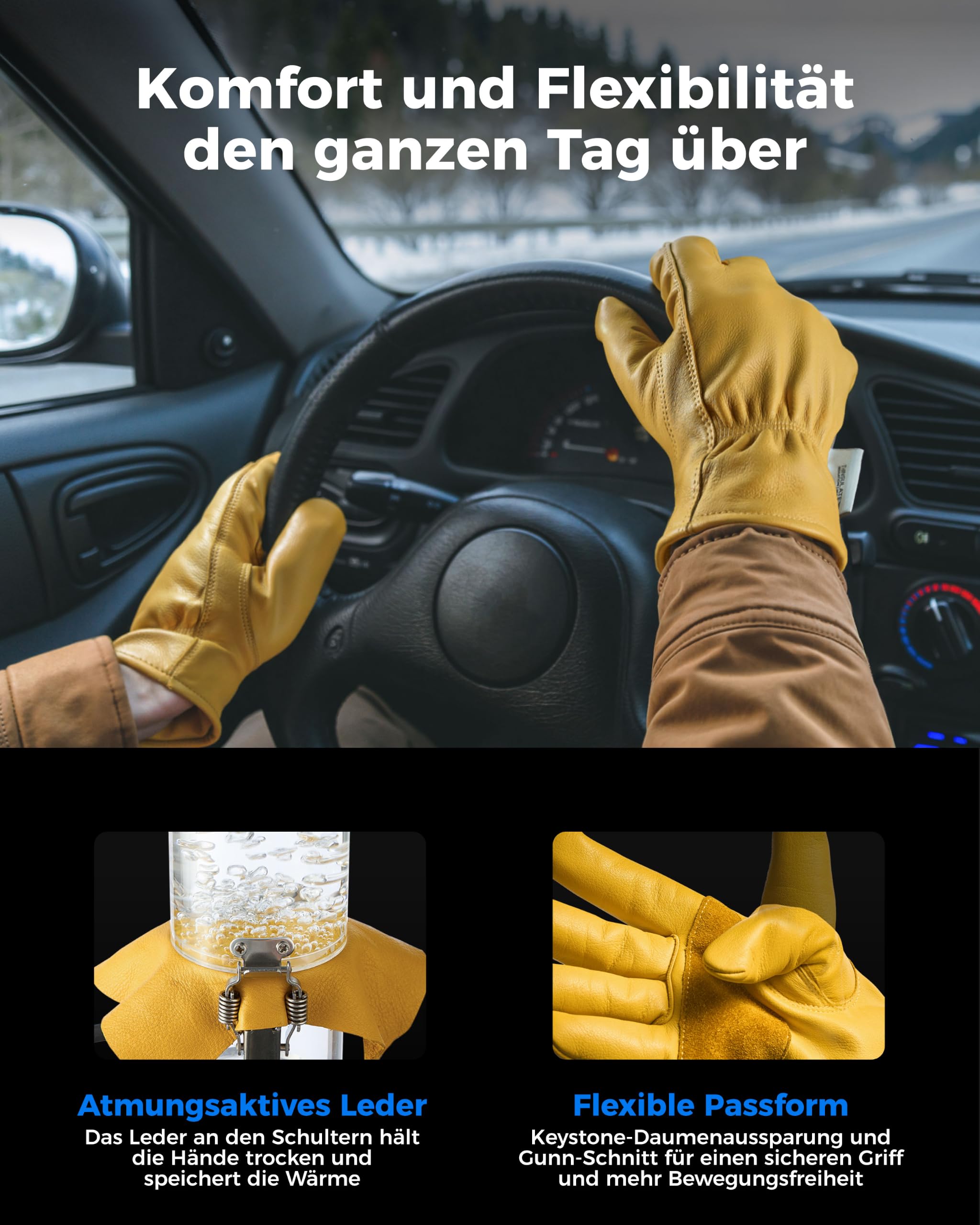 toolant Schlupf-Winter-Arbeitshandschuhe für Herren aus 100% Vollrindleder, wasserabweisend beschichtet, mit wärmendem Thinsulate-Futter, leicht anzuziehen, 2 Paar, Größe XL