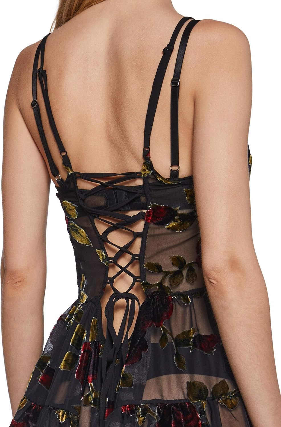 Dolls Kill Befallen Romance Mini Dress by Widow – Sheer Mesh Mini Dress with Velvet Rose Detail & Lace-Up Back