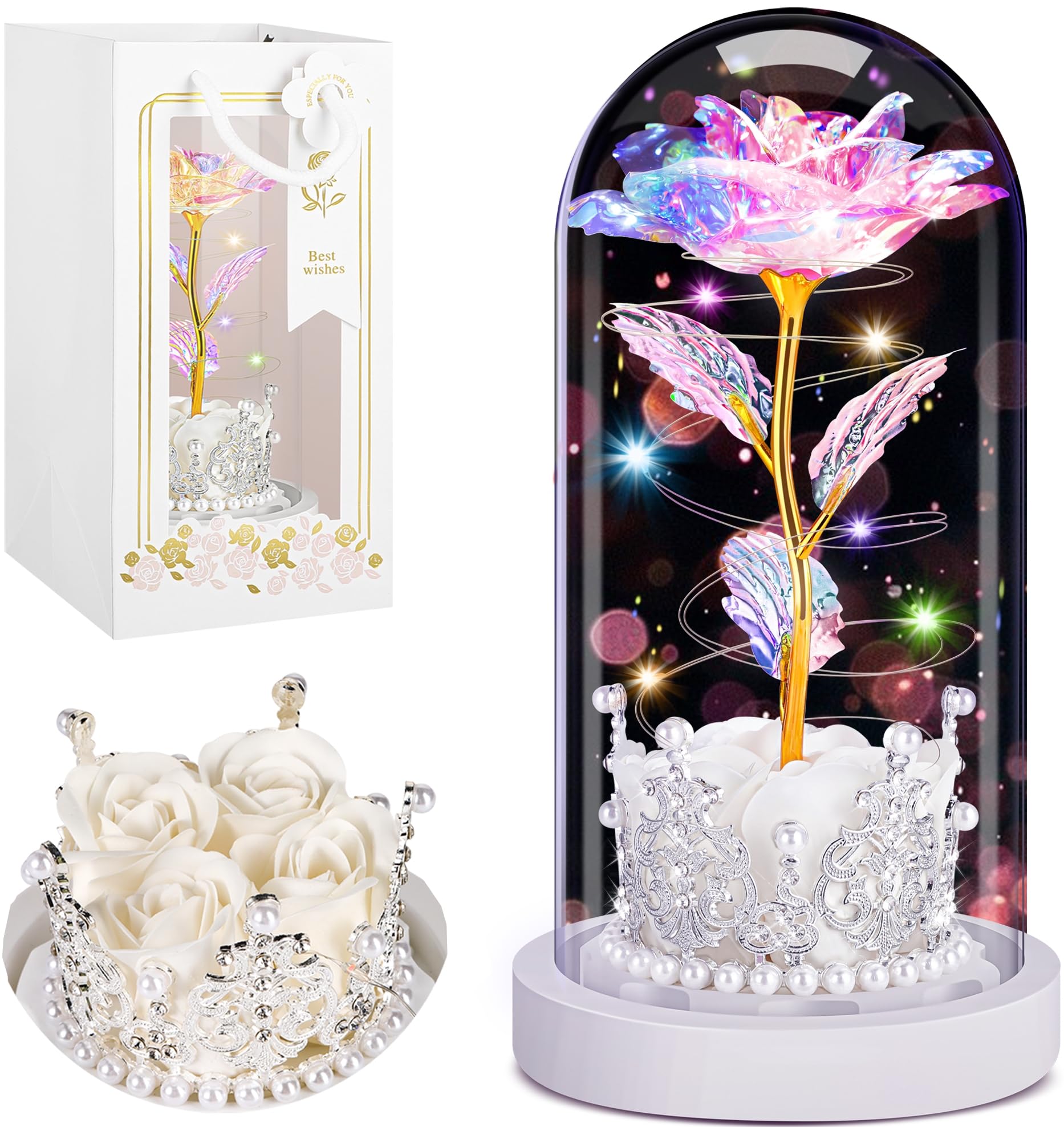 Forever Rose Gift for Women - Valentines Day Gifts for Her, Women Birthday Gift,Light Up Galaxy Roses in Glass Dome,Eternal Rose for Valentine Day Gift,Beauty and The Beast Rose with LED Light