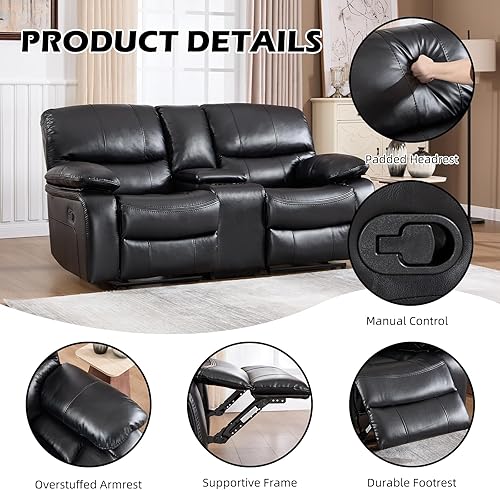 Miniatura 3 de EBELLO Americana - Sofá reclinable manual de piel sintética, sofá reclinable doble minimalista de 2 asientos con consola central, almacenamiento