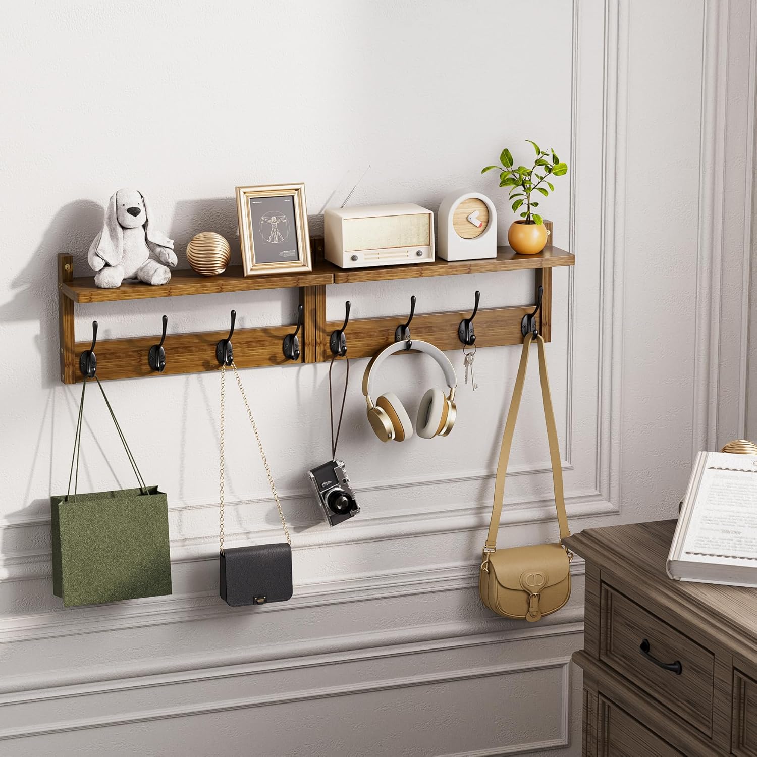 STELLSTAR Coat Rack with Shelf Wall Mount, Entryway Bamboo Hanging Shelf, Set of 2, Wall Hook Rail for Hallway Décor, Storage Clothe, Hat, Robe, Key, Dog Leash (Walnut)