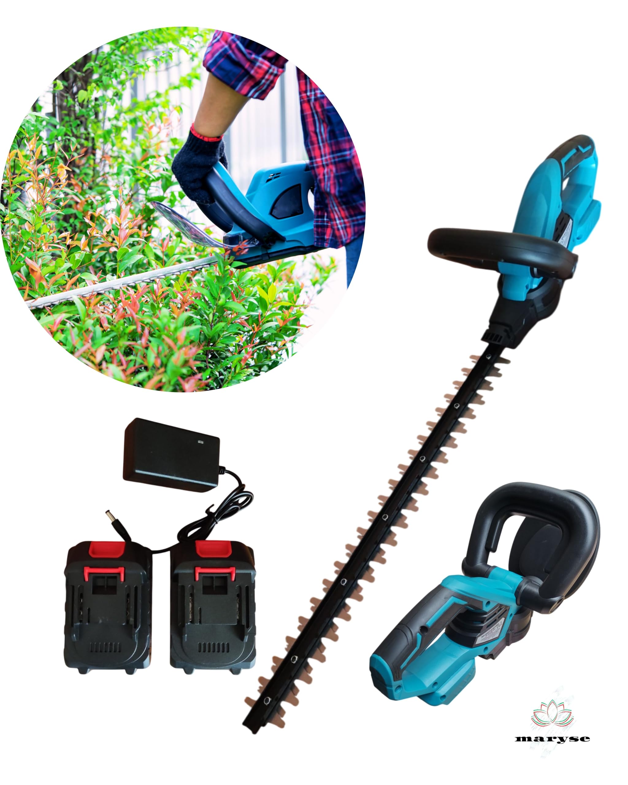 Tagliasiepe a Batteria con 2 Batterie Lunghezza di Taglio 510 mm, Leggero, Potente, Senza Fili - Ideale per Giardini e Siepi