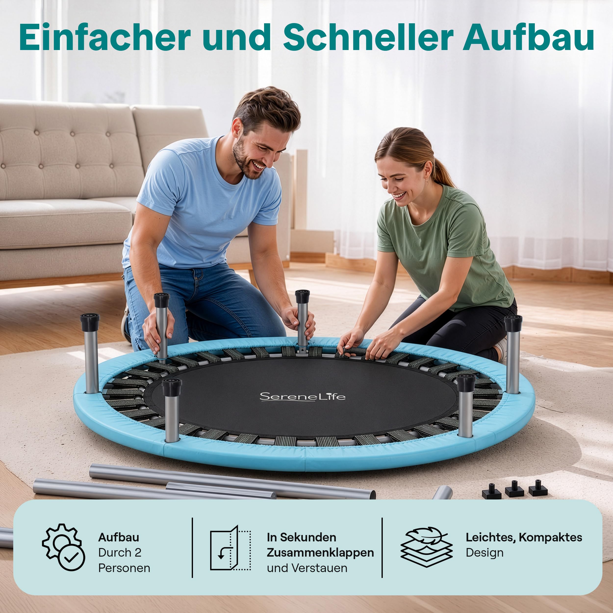SereneLife Fitness Trampolin Indoor, Ø 102 cm – Faltbarer Rebounder mit Rückprall & Höhenverstellbarem Griff, Bis 150KG, ideal für Zuhause, Cardio, Sport & Training