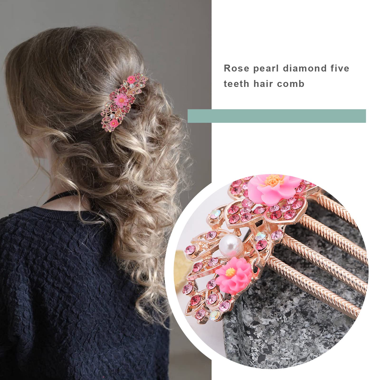 Create idea Flower Hair Comb Rhinestone Wedding Bride Headpiece Decorative Hair Accessories for Wedding Bridal French Twist Bun Full Updos Low Bun Hairstyles Pink - Image 2