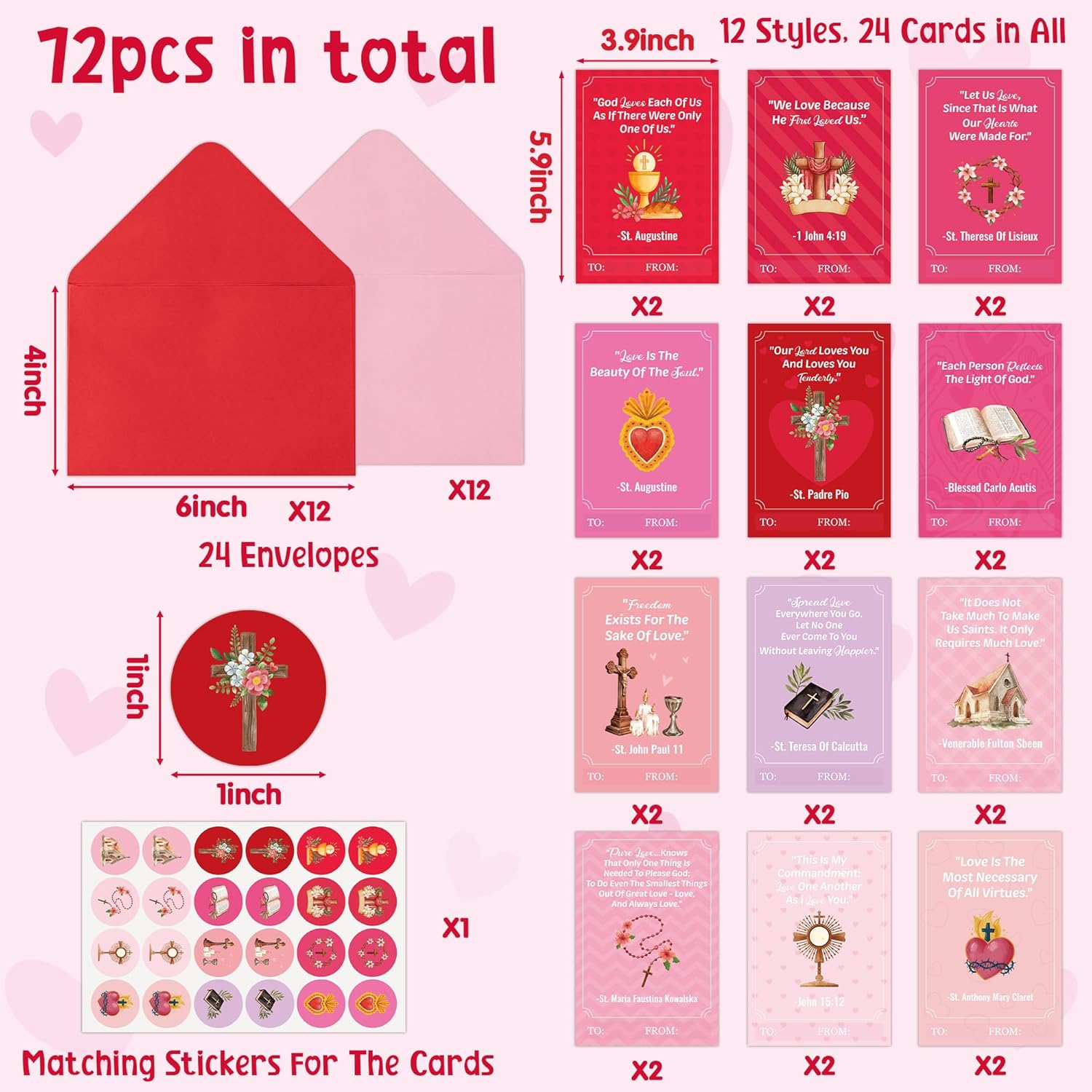 TICIAGA 72pcs Valentine's Day Catholic Church Greeting Cards with Envelop Retro Religious Sticker for Kid Bible Books Notecard Exchange Gifts for Boys and Girls Christian School Classroom Party Favors 24 Church